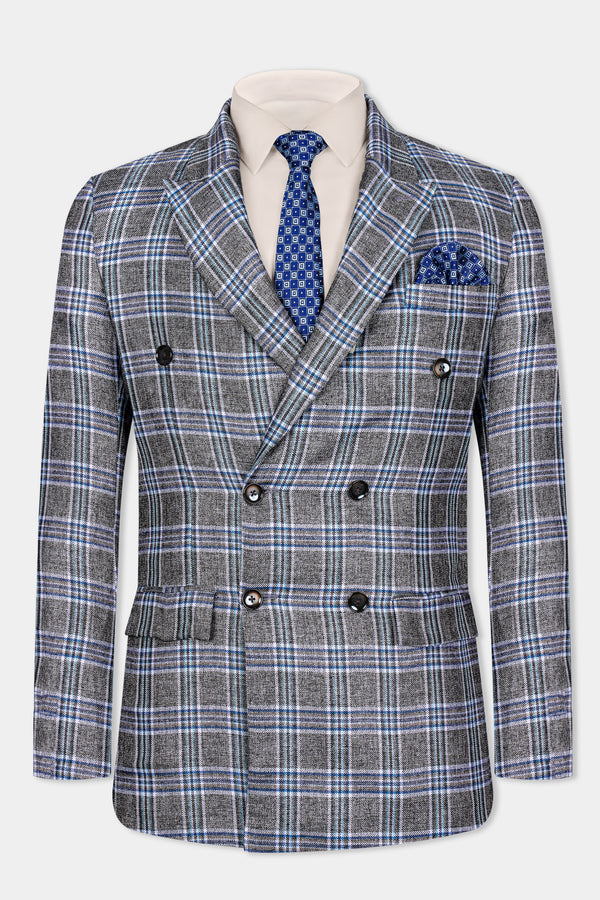 Ironside Gray and Cloud Burst Blue Plaid Wool Rich Double Breasted Blazer