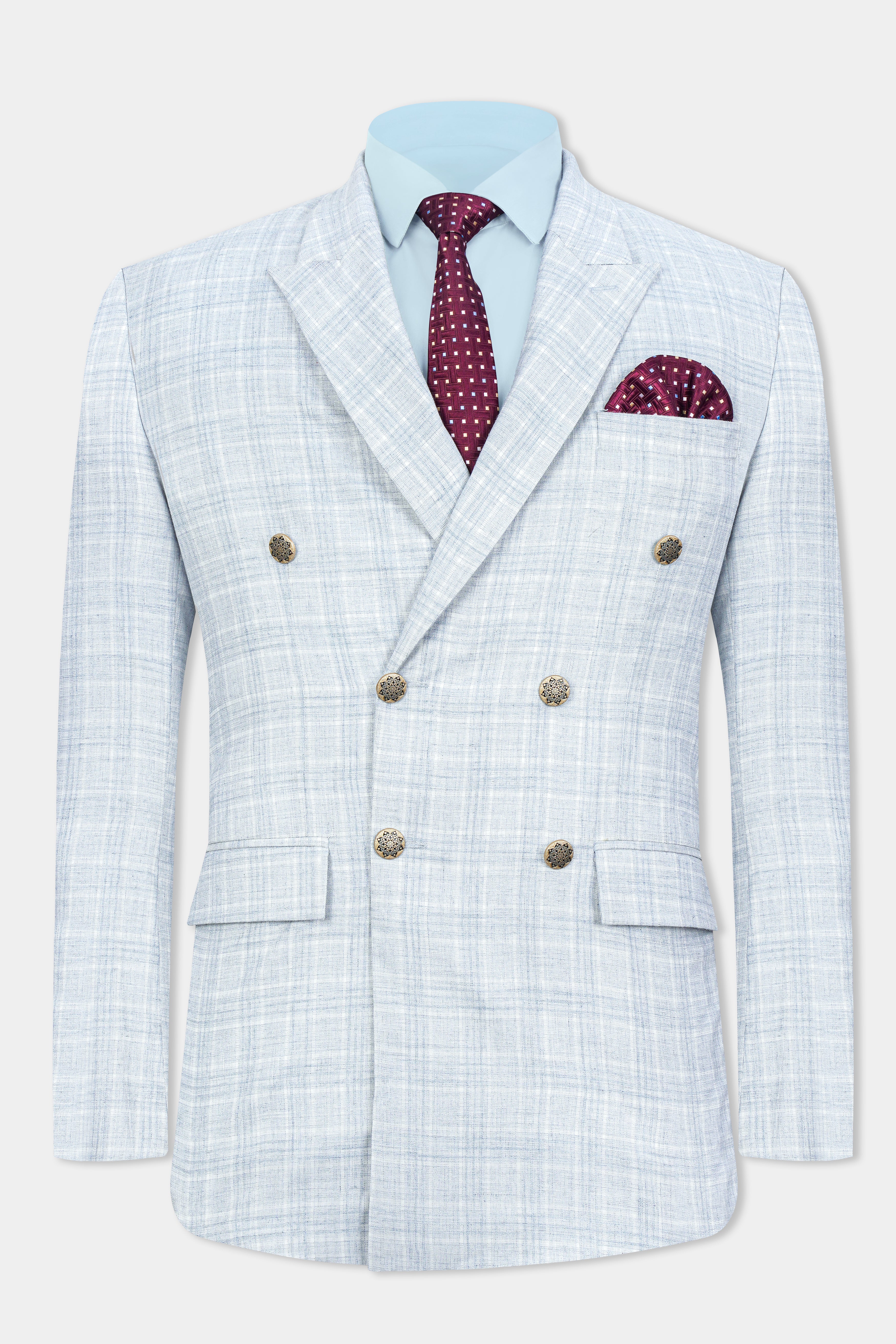 Gainsboro Blue Plaid Wool Rich Double Breasted Blazer BL3076-DB-GB-36, BL3076-DB-GB-38, BL3076-DB-GB-40, BL3076-DB-GB-42, BL3076-DB-GB-44, BL3076-DB-GB-46, BL3076-DB-GB-48, BL3076-DB-GB-50, BL3076-DB-GB-52, BL3076-DB-GB-54, BL3076-DB-GB-56, BL3076-DB-GB-58, BL3076-DB-GB-60