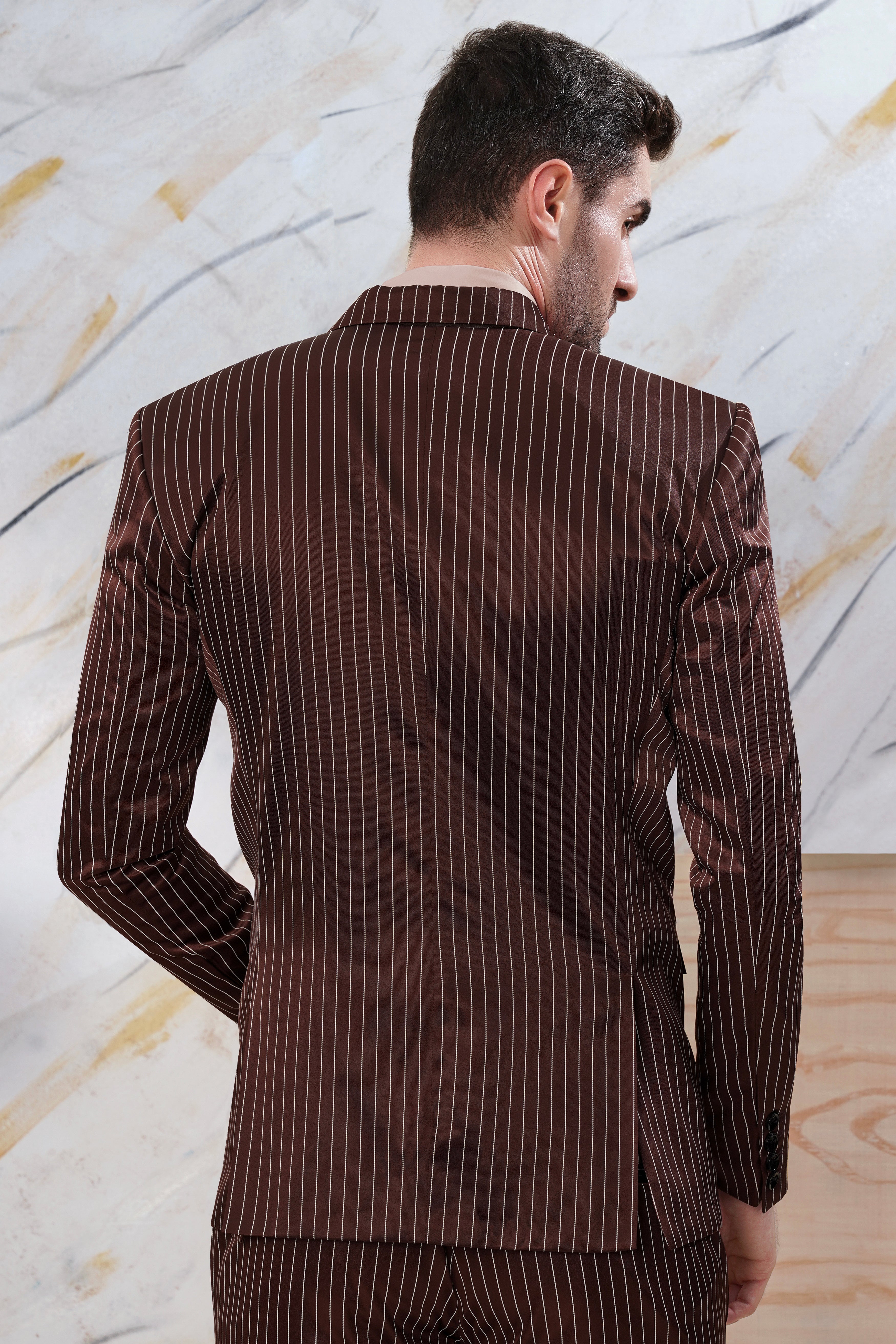 brown striped print casual coat