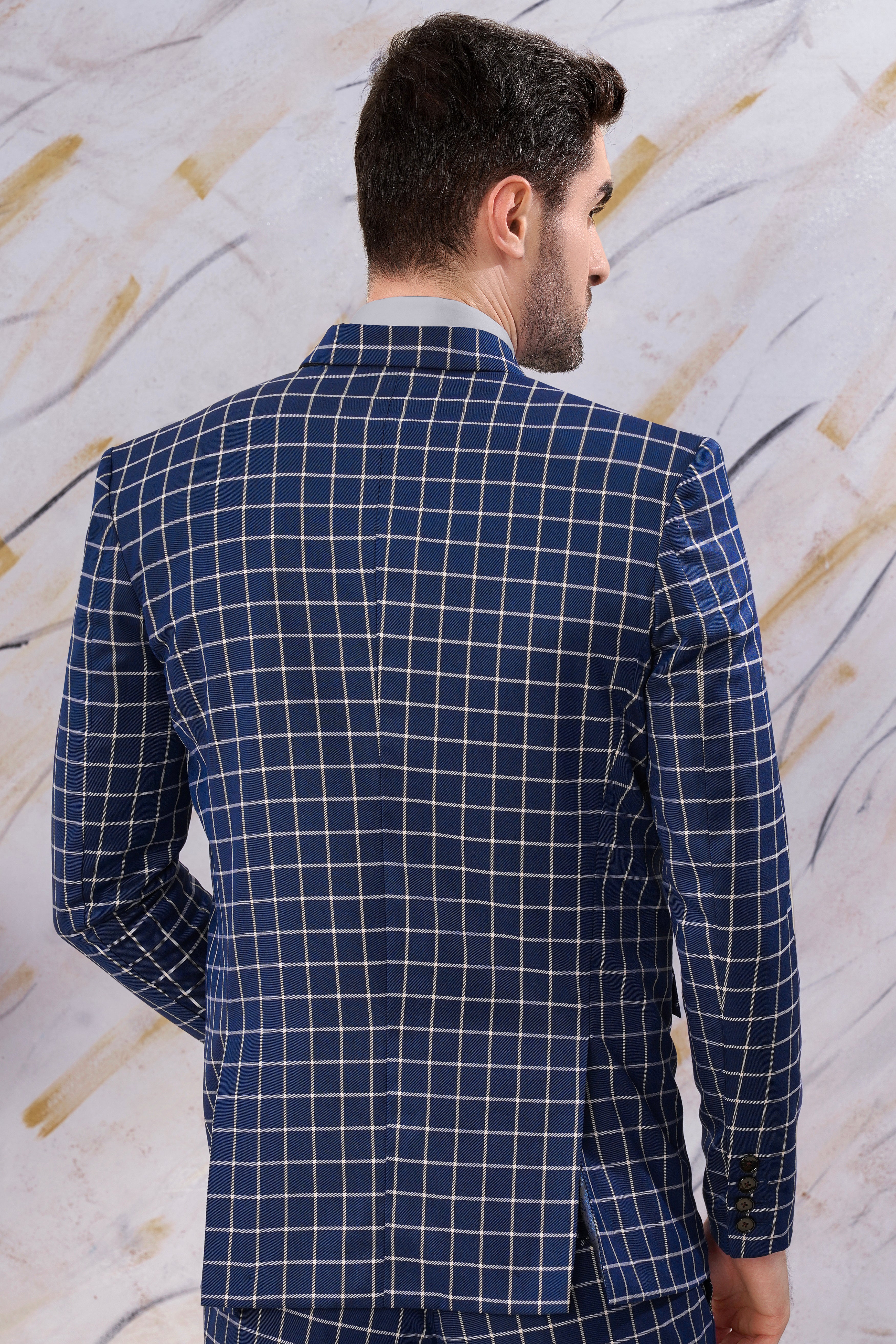 Marine Blue and White Windowpane Wool Rich Double Breasted Blazer BL3095-DB-36, BL3095-DB-38, BL3095-DB-40, BL3095-DB-42, BL3095-DB-44, BL3095-DB-46, BL3095-DB-48, BL3095-DB-50, BL3095-DB-52, BL3095-DB-54, BL3095-DB-56, BL3095-DB-58, BL3095-DB-60