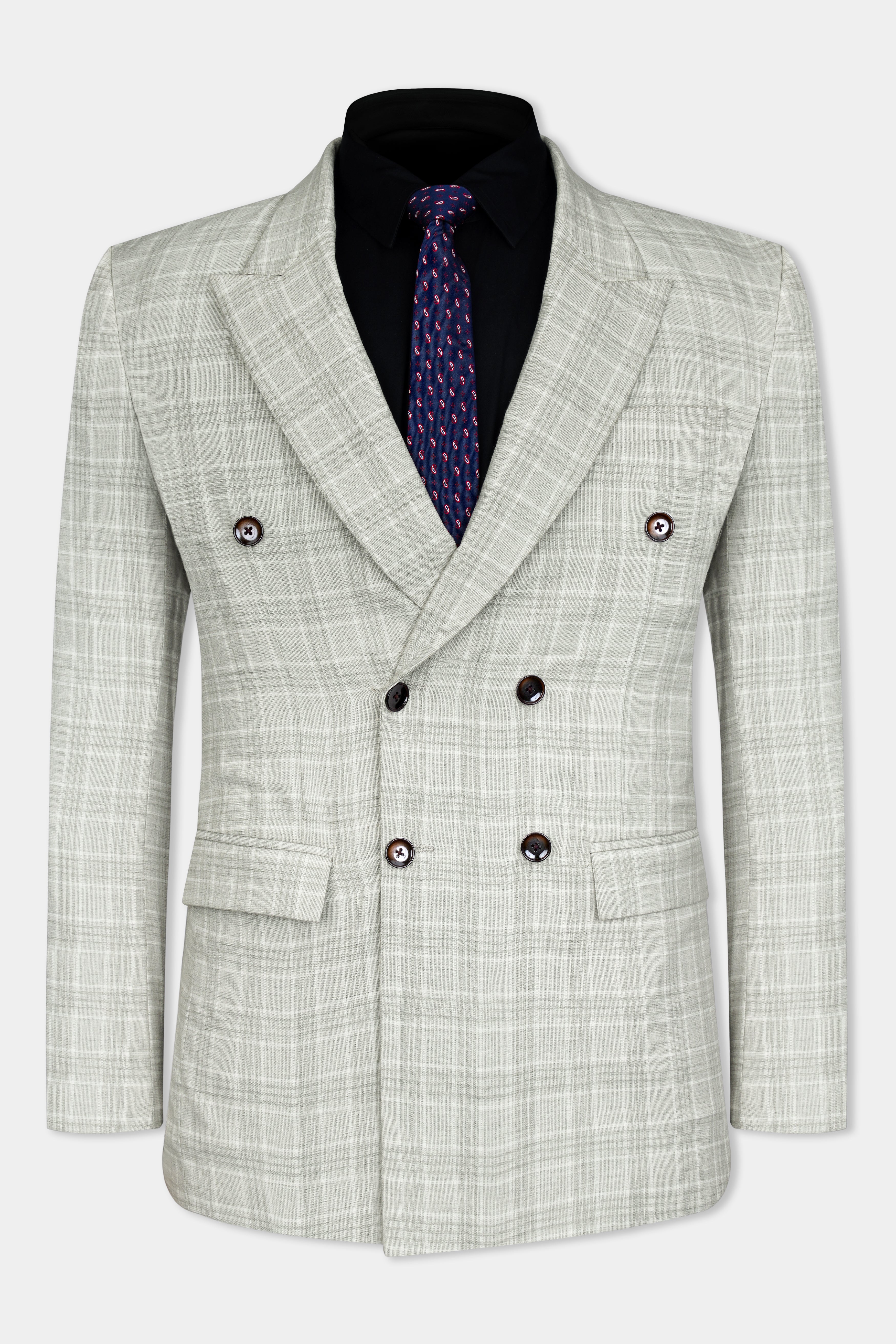 Cloud Gray Plaid Wool Rich Double Breasted Blazer