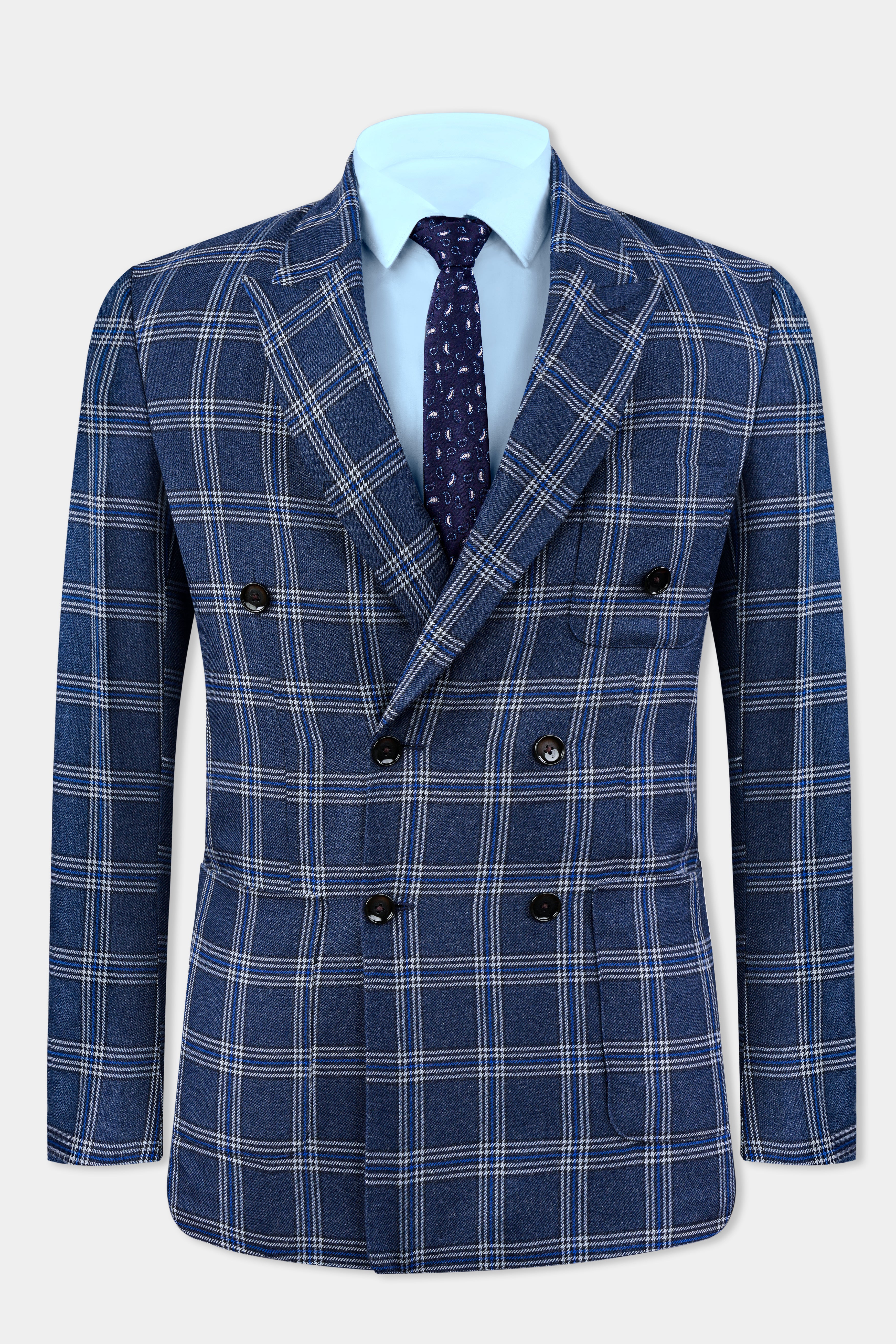 Cloud Blue and White Plaid Tweed Double Breasted Blazer BL3130-DB-PP-36, BL3130-DB-PP-38, BL3130-DB-PP-40, BL3130-DB-PP-42, BL3130-DB-PP-44, BL3130-DB-PP-46, BL3130-DB-PP-48, BL3130-DB-PP-50, BL3130-DB-PP-52, BL3130-DB-PP-54, BL3130-DB-PP-56, BL3130-DB-PP-58, BL3130-DB-PP-60