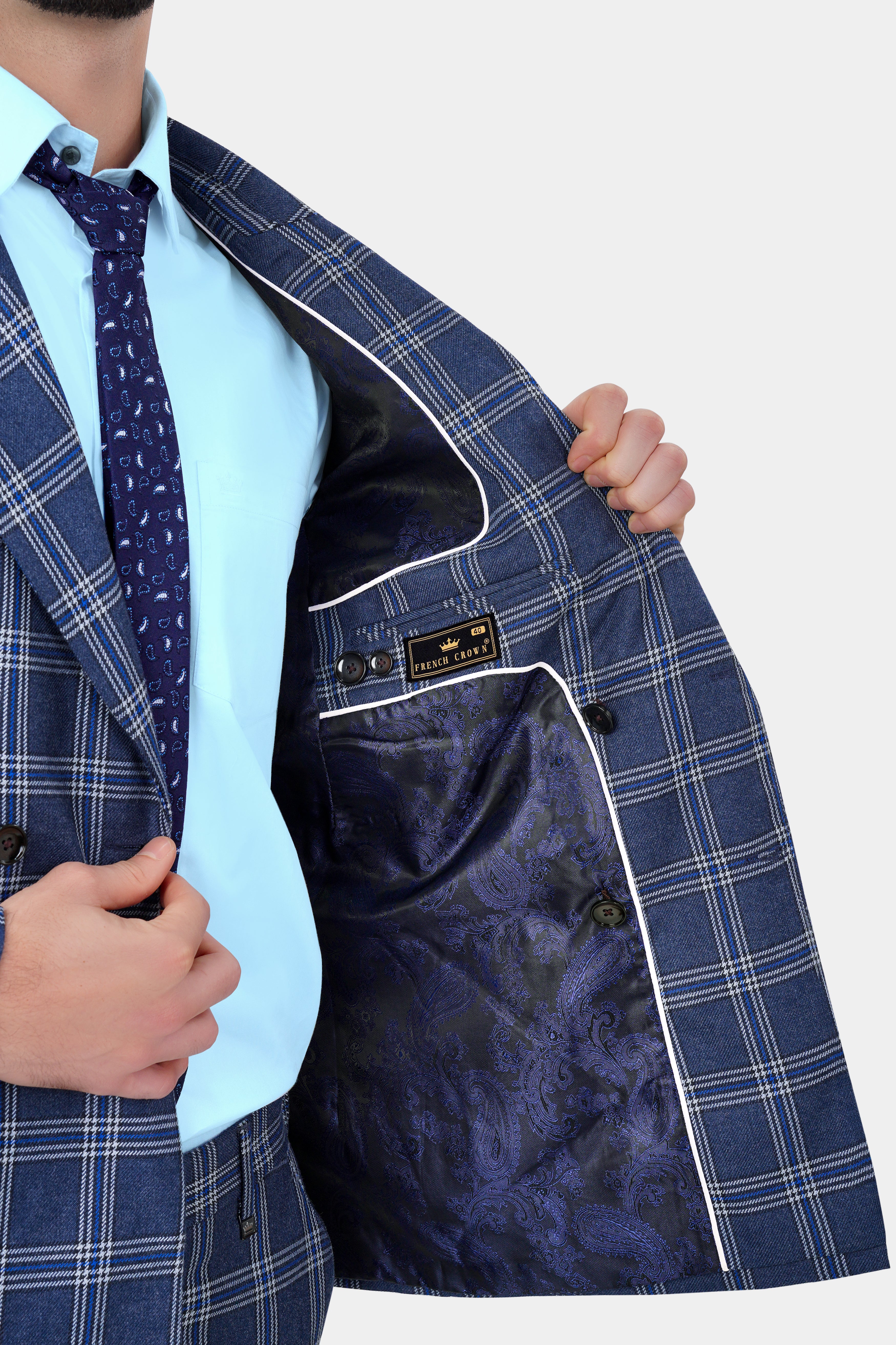 Cloud Blue and White Plaid Tweed Double Breasted Blazer BL3130-DB-PP-36, BL3130-DB-PP-38, BL3130-DB-PP-40, BL3130-DB-PP-42, BL3130-DB-PP-44, BL3130-DB-PP-46, BL3130-DB-PP-48, BL3130-DB-PP-50, BL3130-DB-PP-52, BL3130-DB-PP-54, BL3130-DB-PP-56, BL3130-DB-PP-58, BL3130-DB-PP-60
