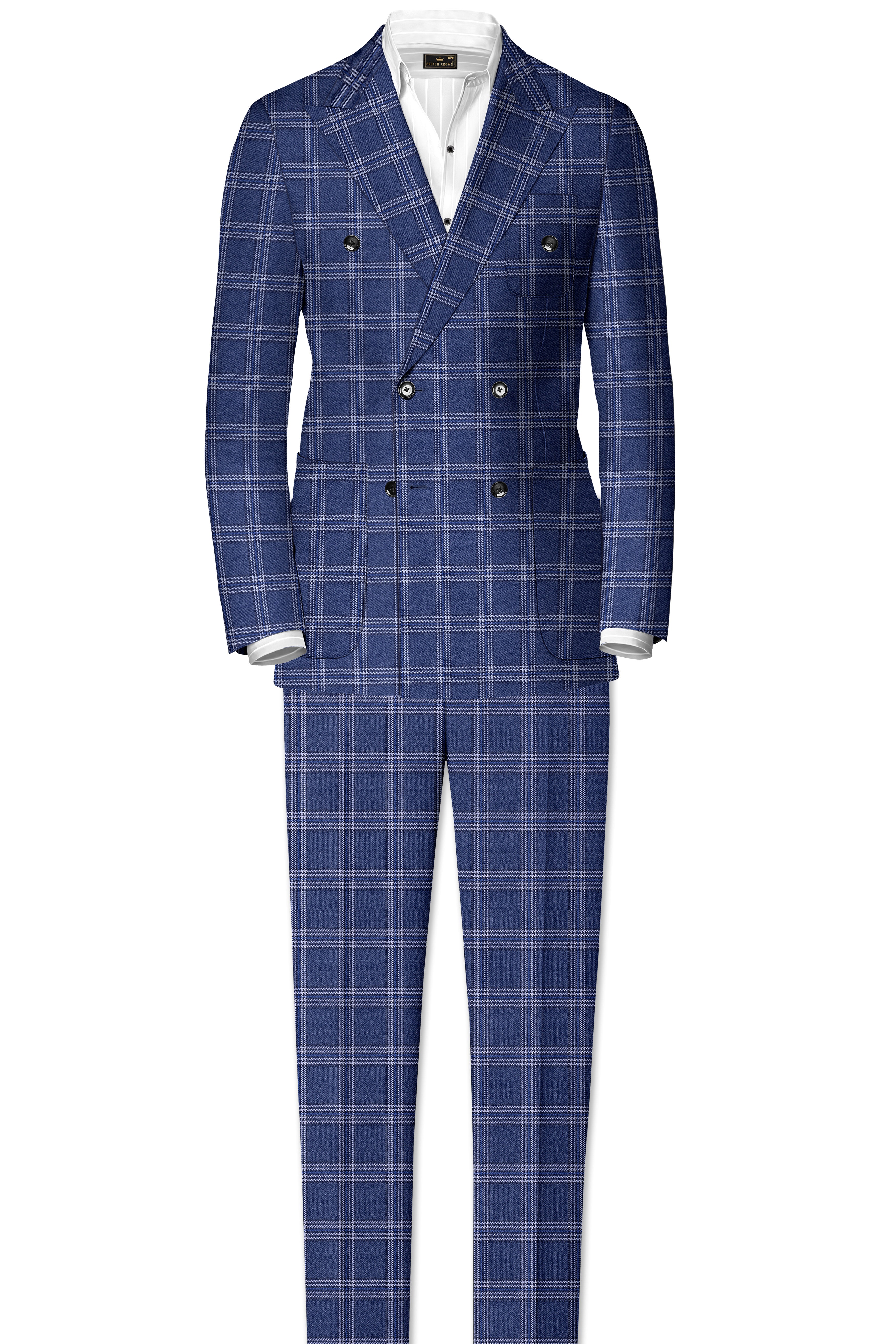 Cloud Blue and White Plaid Tweed Double Breasted Blazer