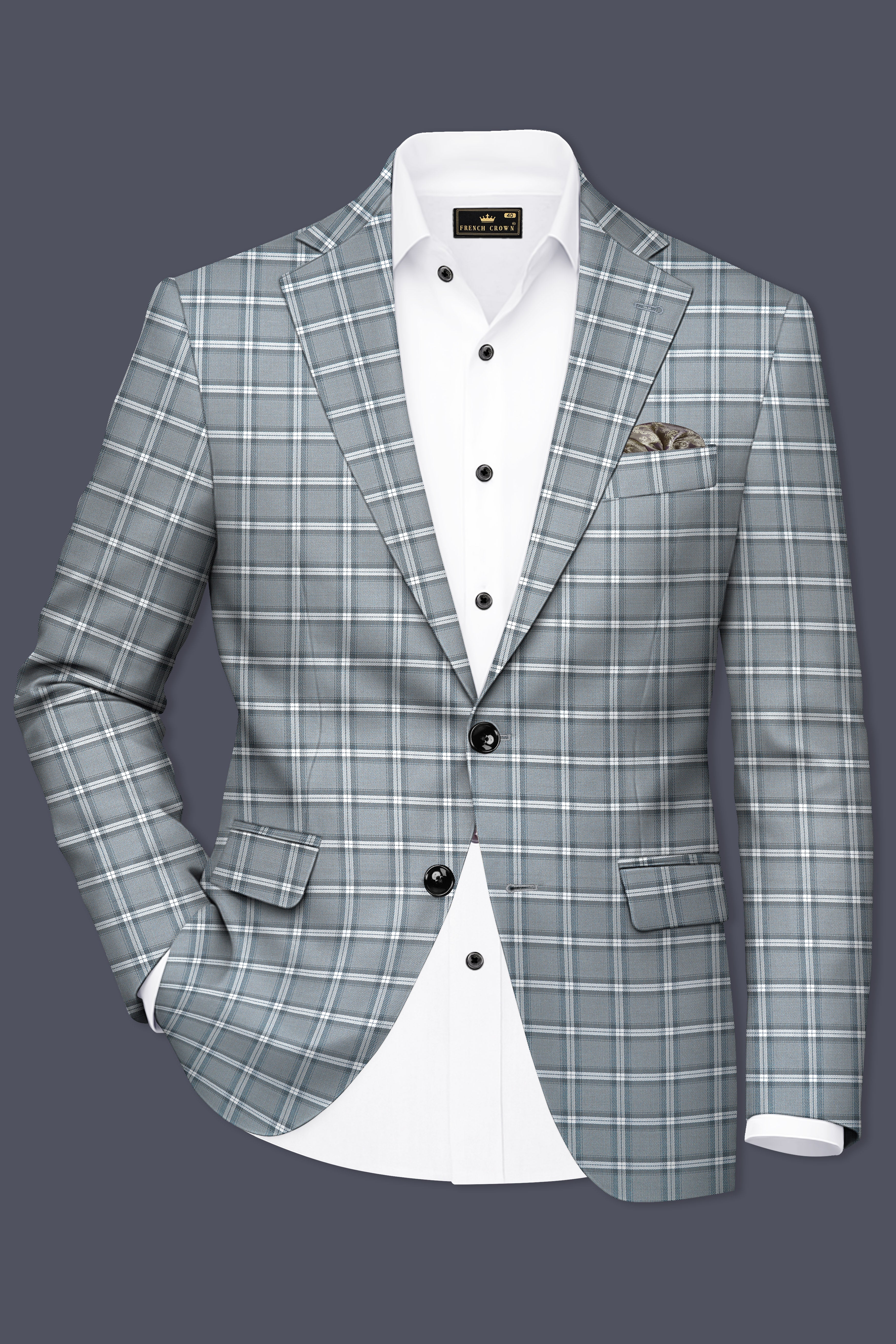 Pewter Gray and White Windowpane Wool Rich Blazer