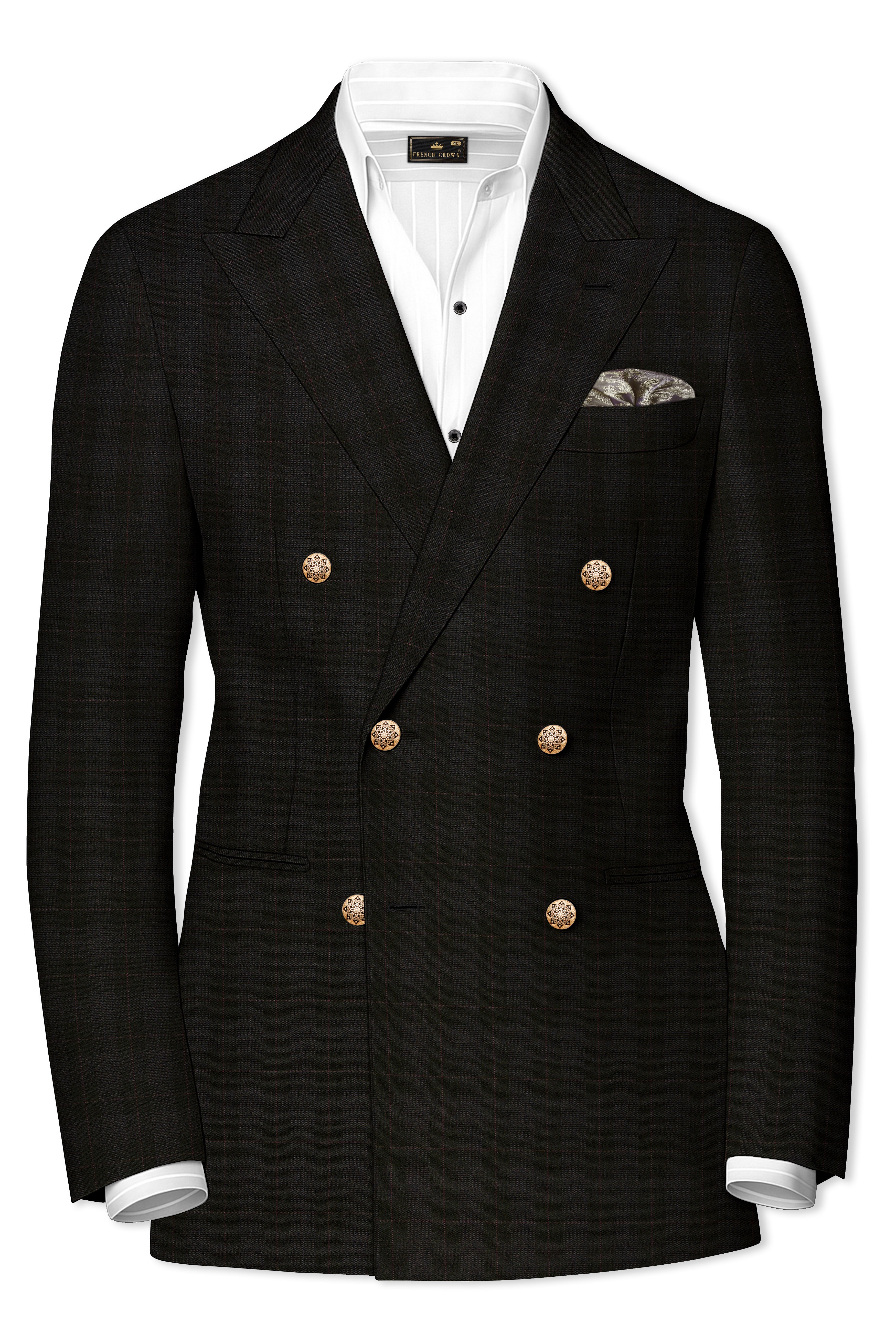Onyx Black Subtle Plaid Wool rich Double Breasted Blazer