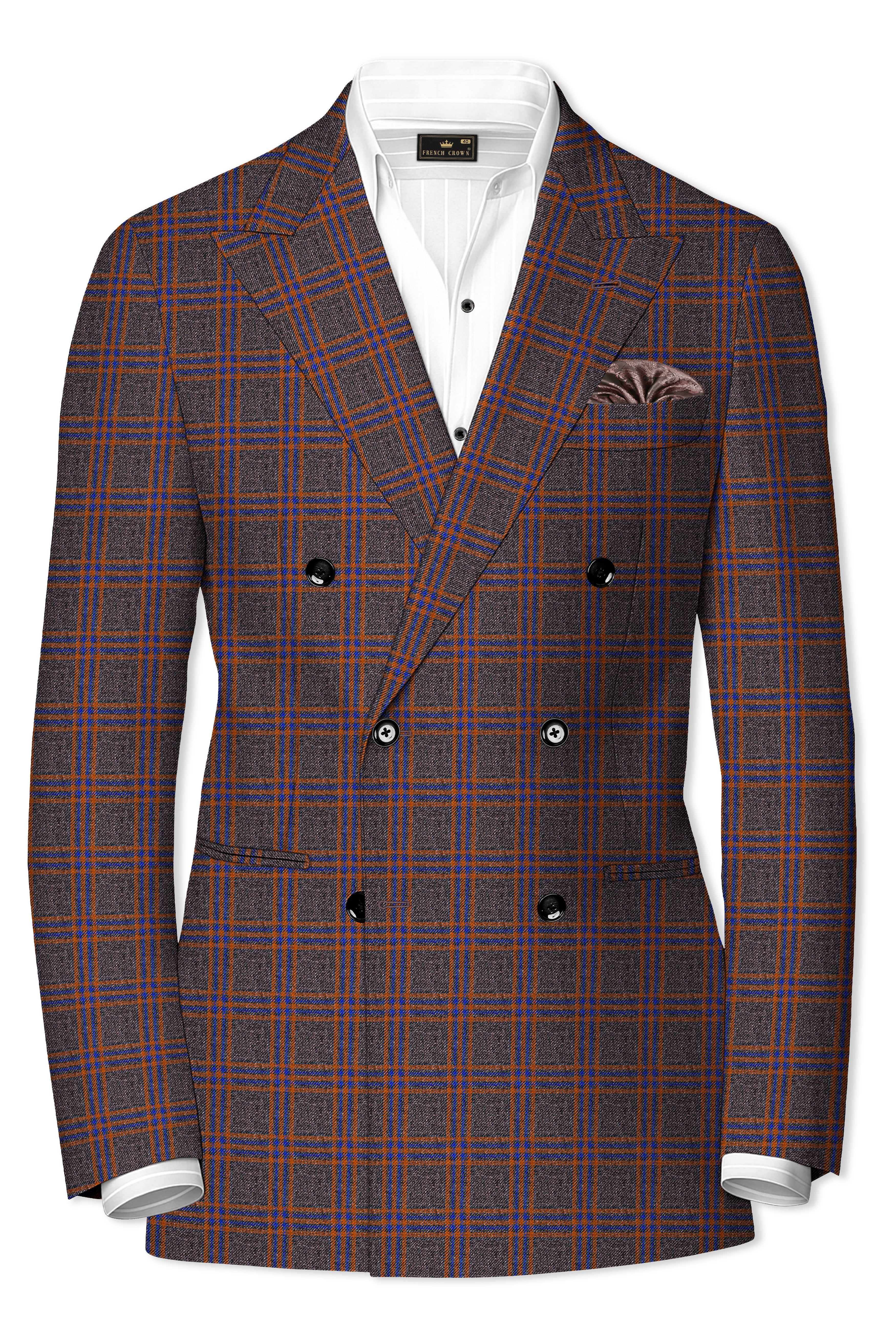 Emperor Gray and Russet Brown Plaid Tweed Double Breasted Blazer