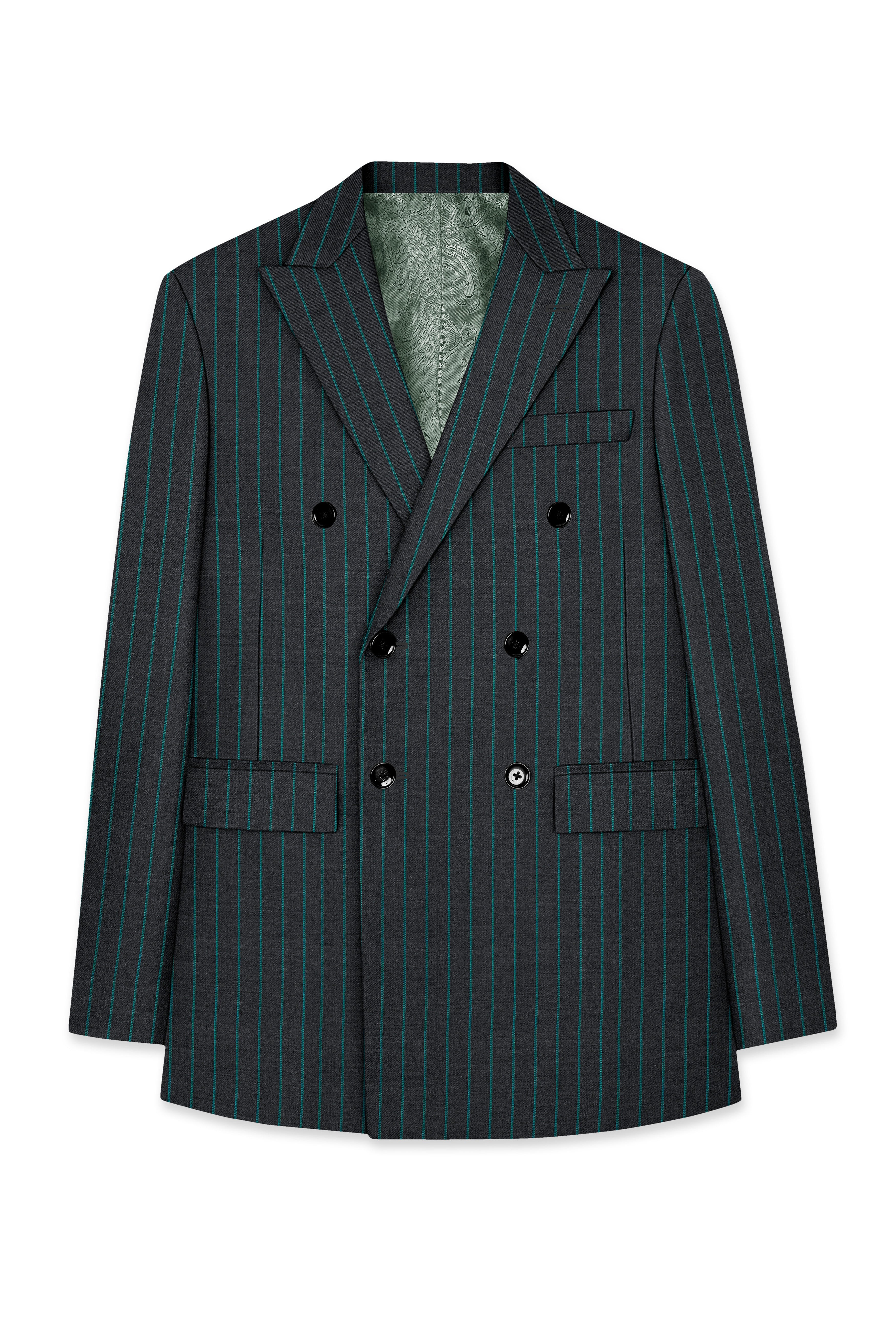 Gravel Gray and Lagoon Blue Striped Wool Rich Double Breasted Blazer