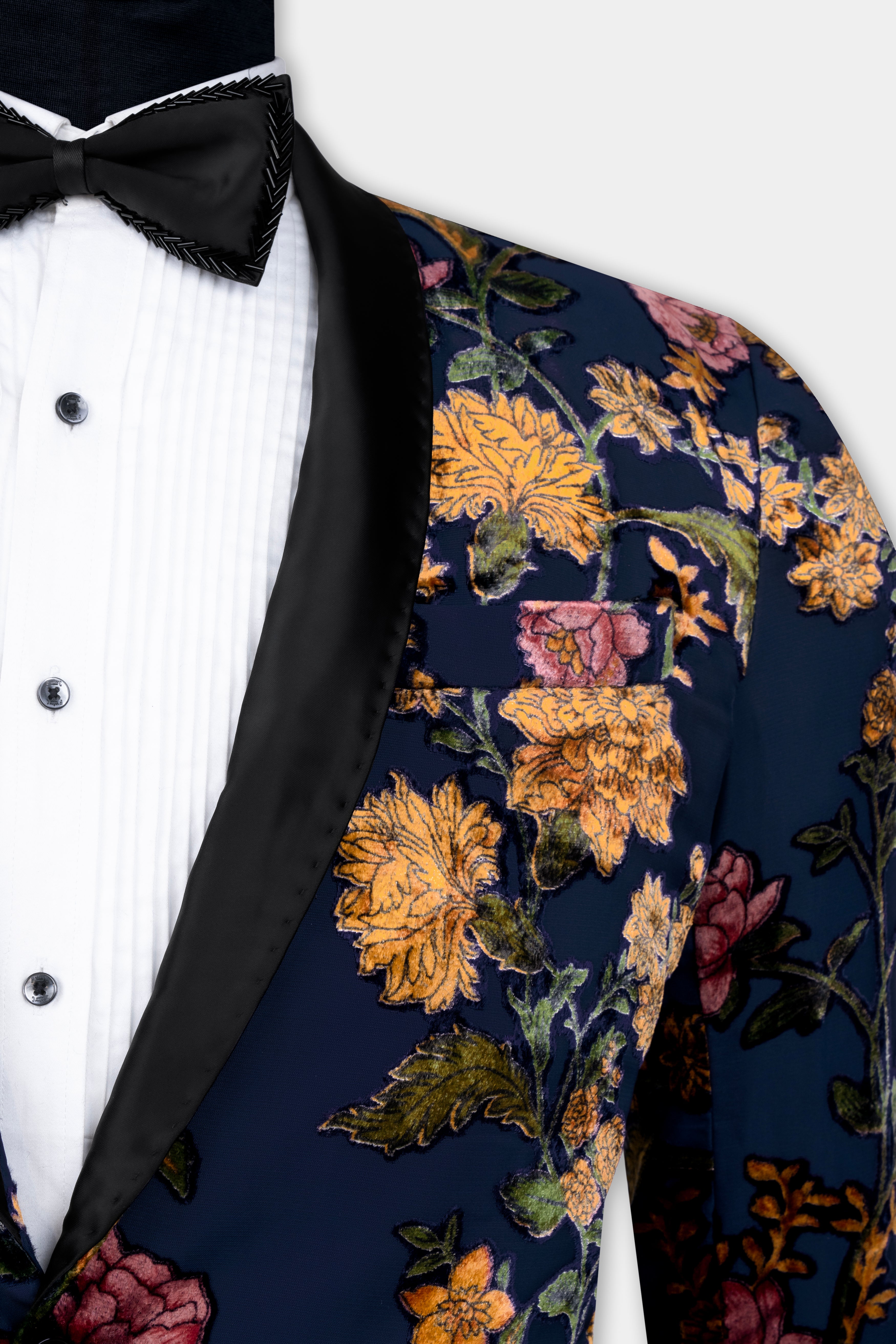 Martinique Blue and Anzac Yellow Multicolour Floral Printed Velvet Designer Tuxedo Blazer