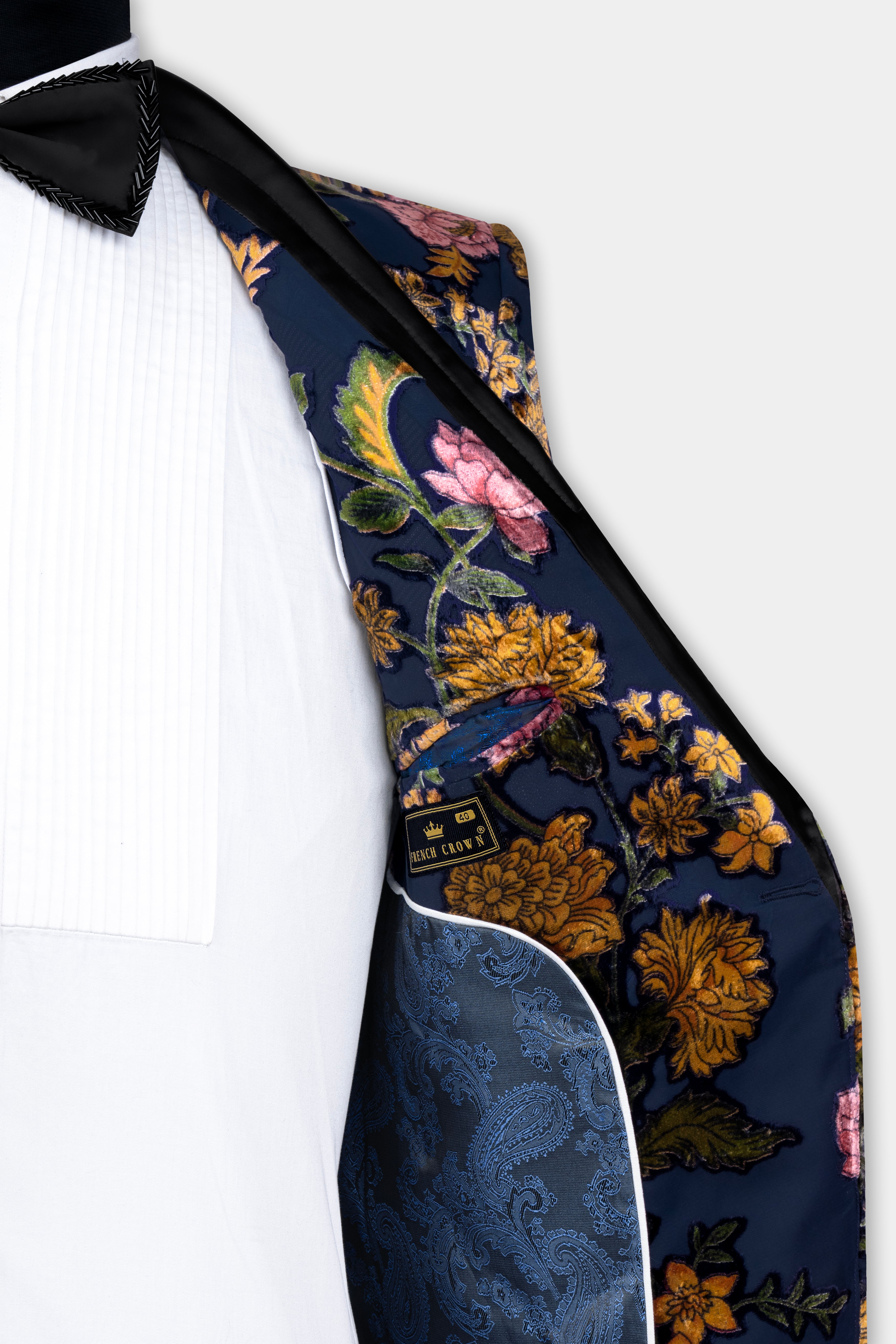 Martinique Blue and Anzac Yellow Multicolour Floral Printed Velvet Designer Tuxedo Blazer