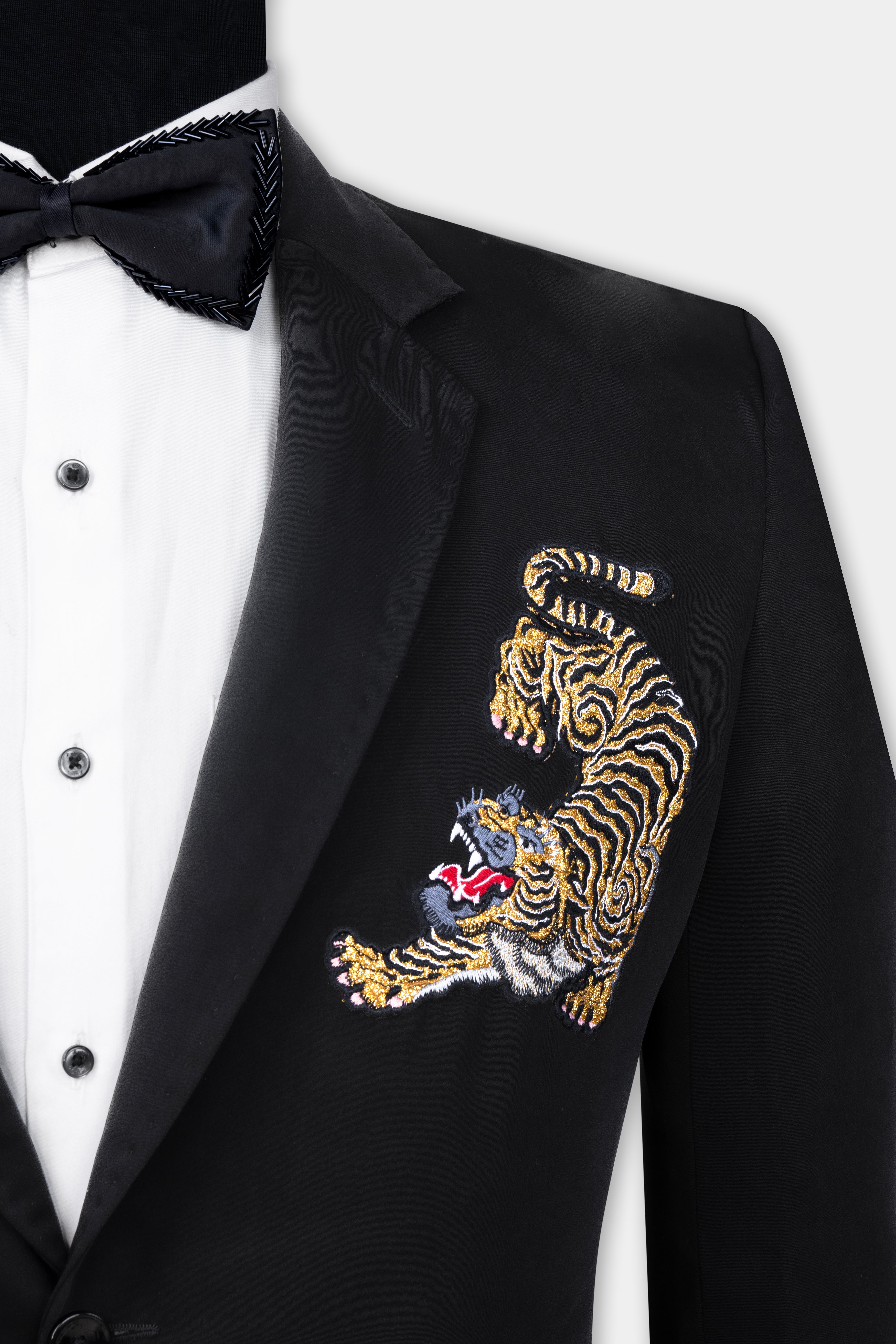 Jade Black Ferocious Tiger Embroidered Wool Rich Designer Blazer