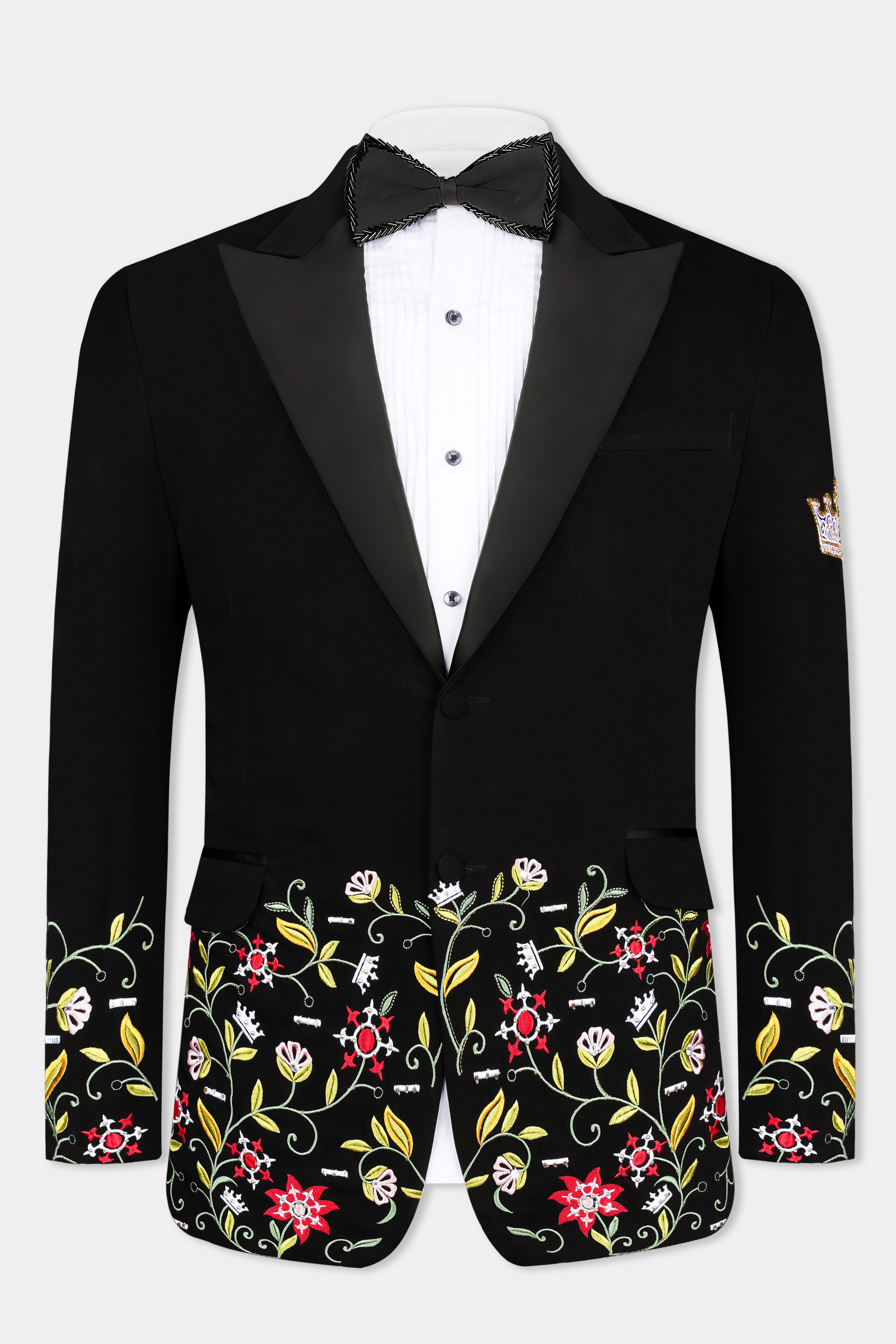 Korean Black (The Best Black We Have) Floral Embroidered Wool Rich Designer Tuxedo Blazer