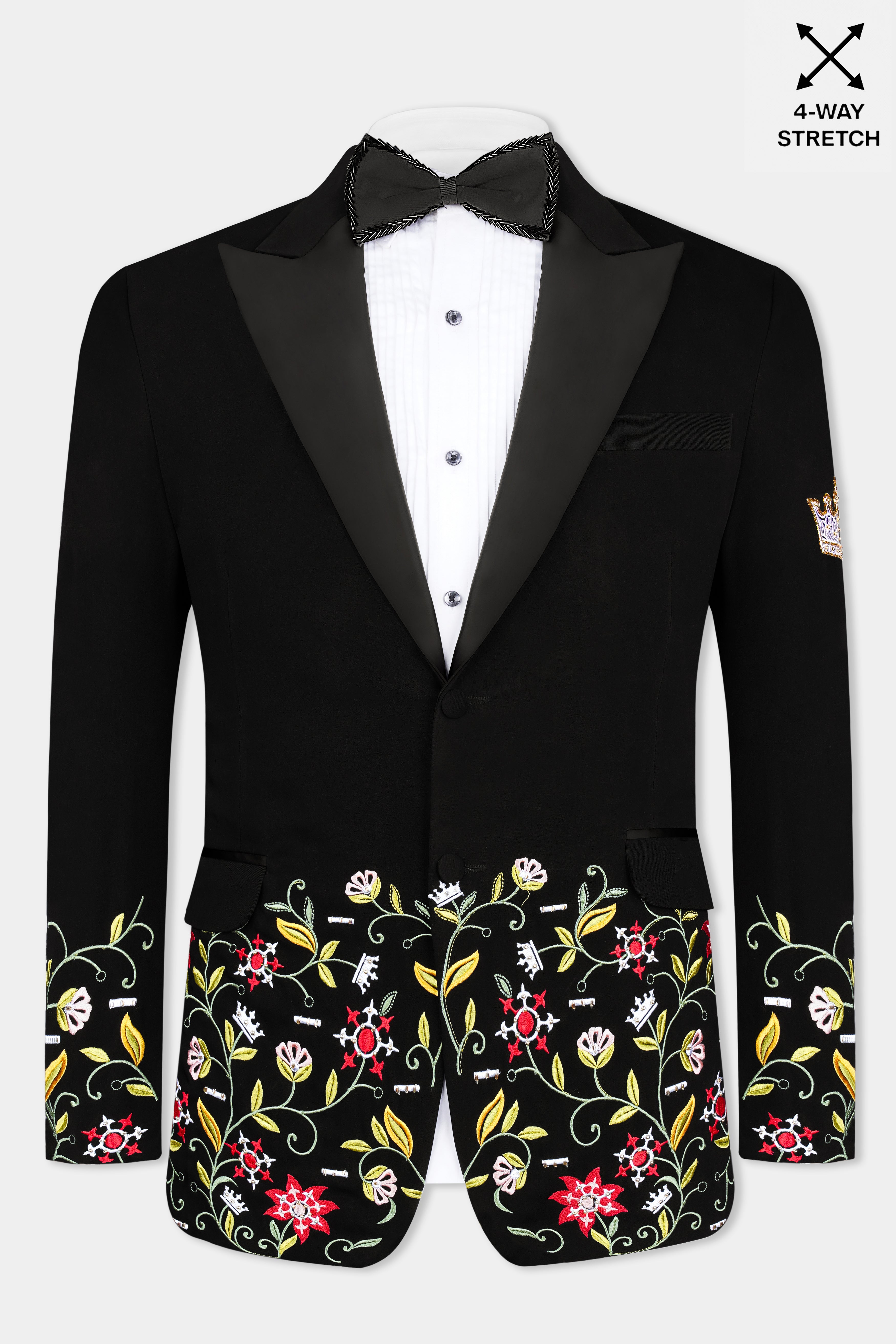 Noirex-Korean Black (The Best Black We Have) Floral Embroidered Wool Rich Designer 4-Way Stretch Tuxedo Blazer