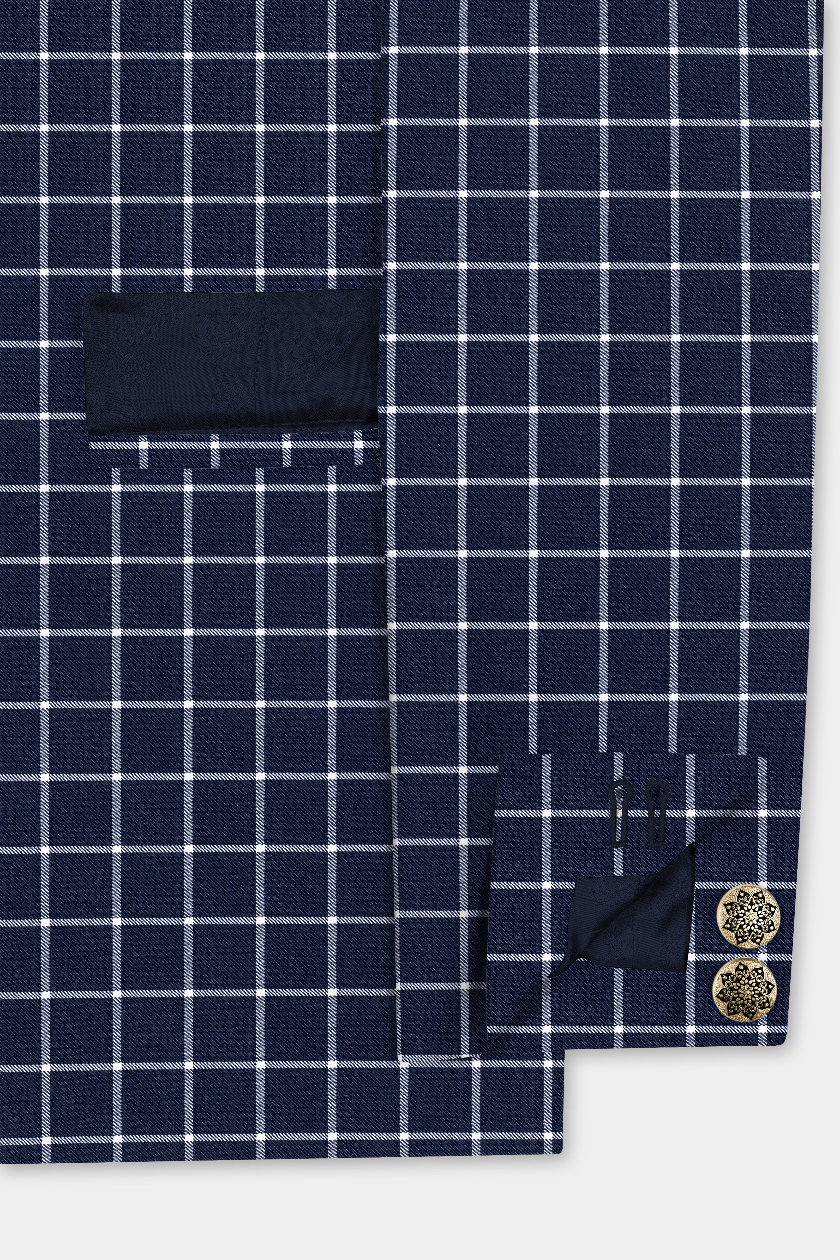 Admiral Blue and White Windowpane Wool Rich Cross Placket Bandhgala Blazer