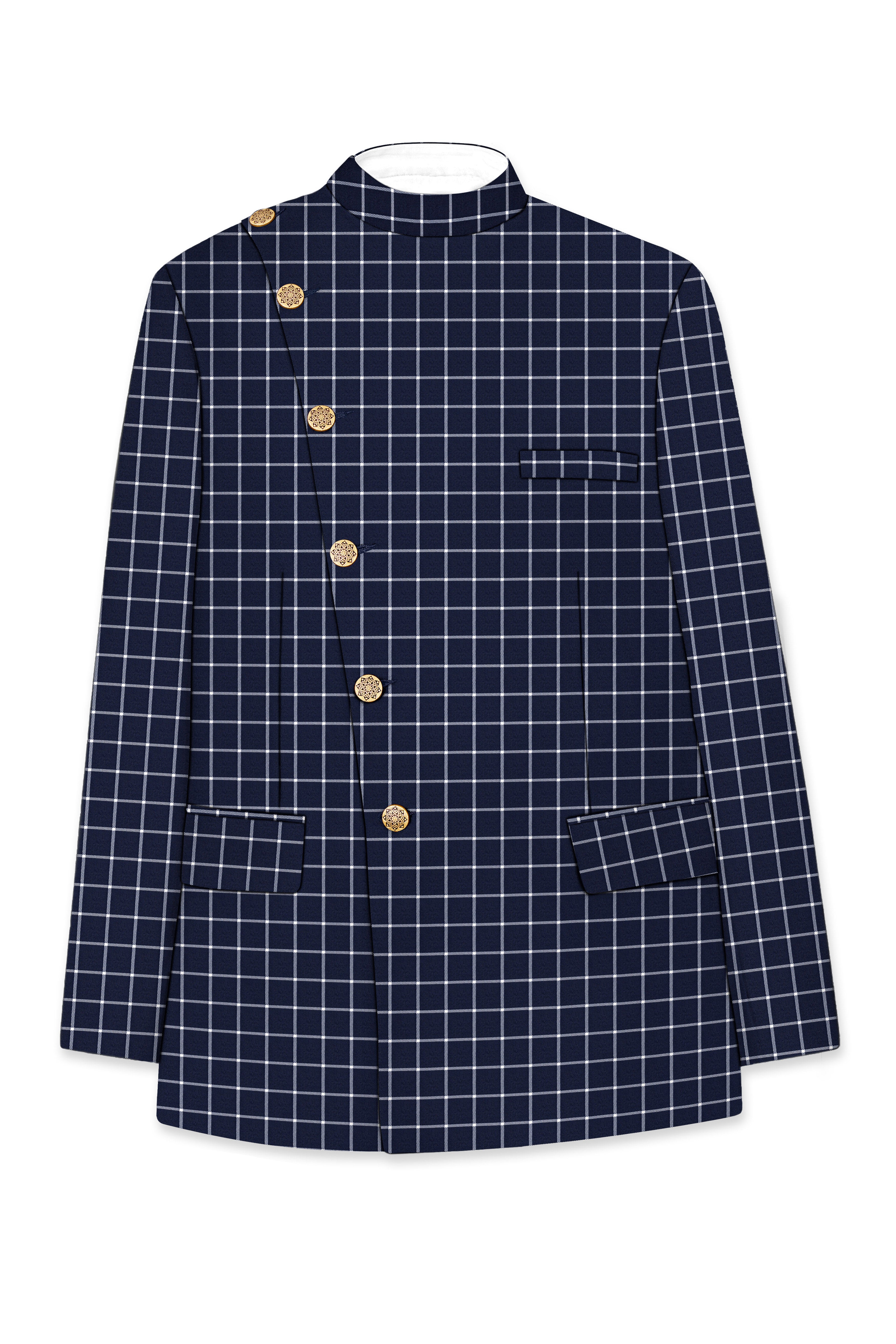 Admiral Blue and White Windowpane Wool Rich Cross Placket Bandhgala Blazer