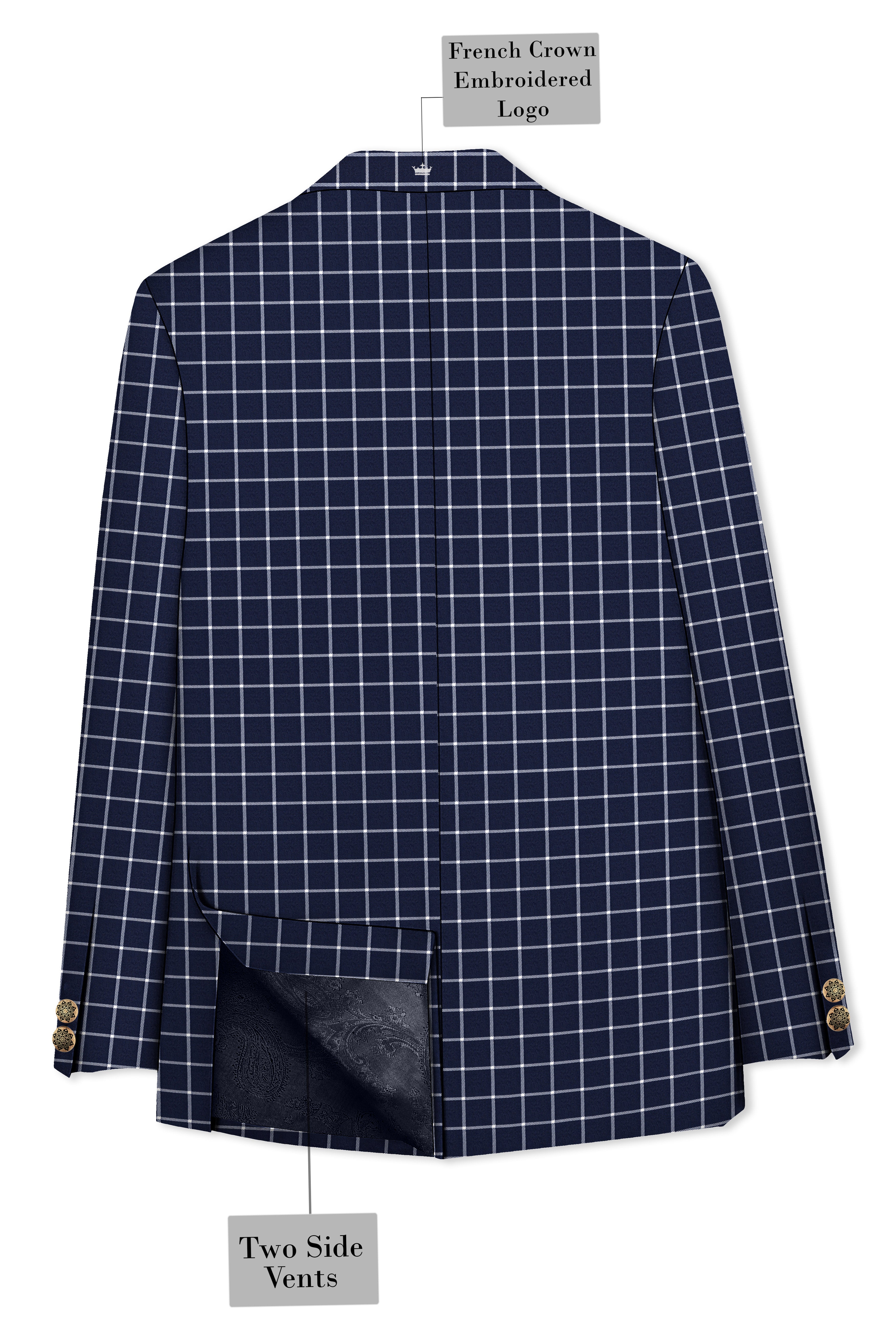 Admiral Blue and White Windowpane Wool Rich Cross Placket Bandhgala Blazer