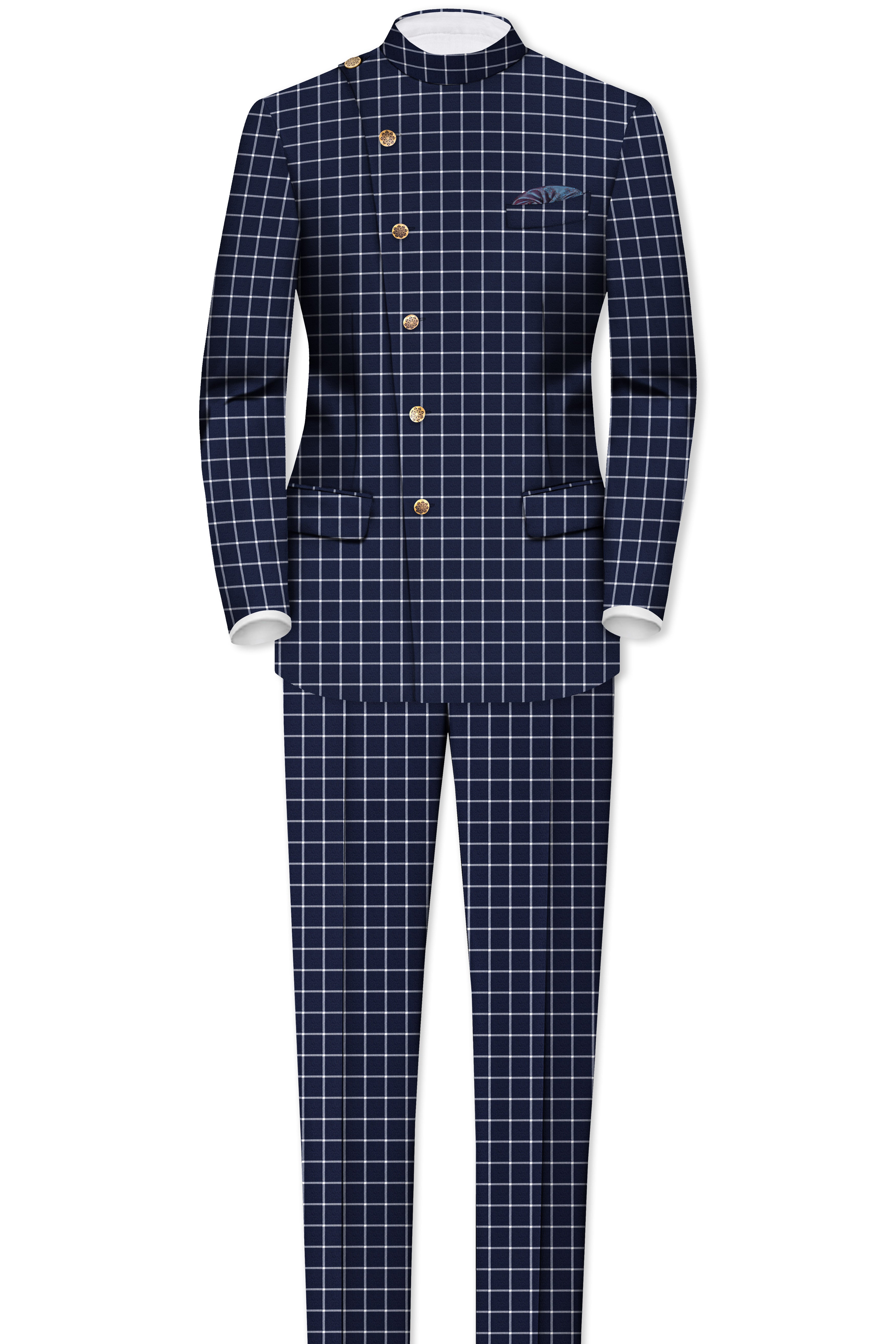 Admiral Blue and White Windowpane Wool Rich Cross Placket Bandhgala Blazer