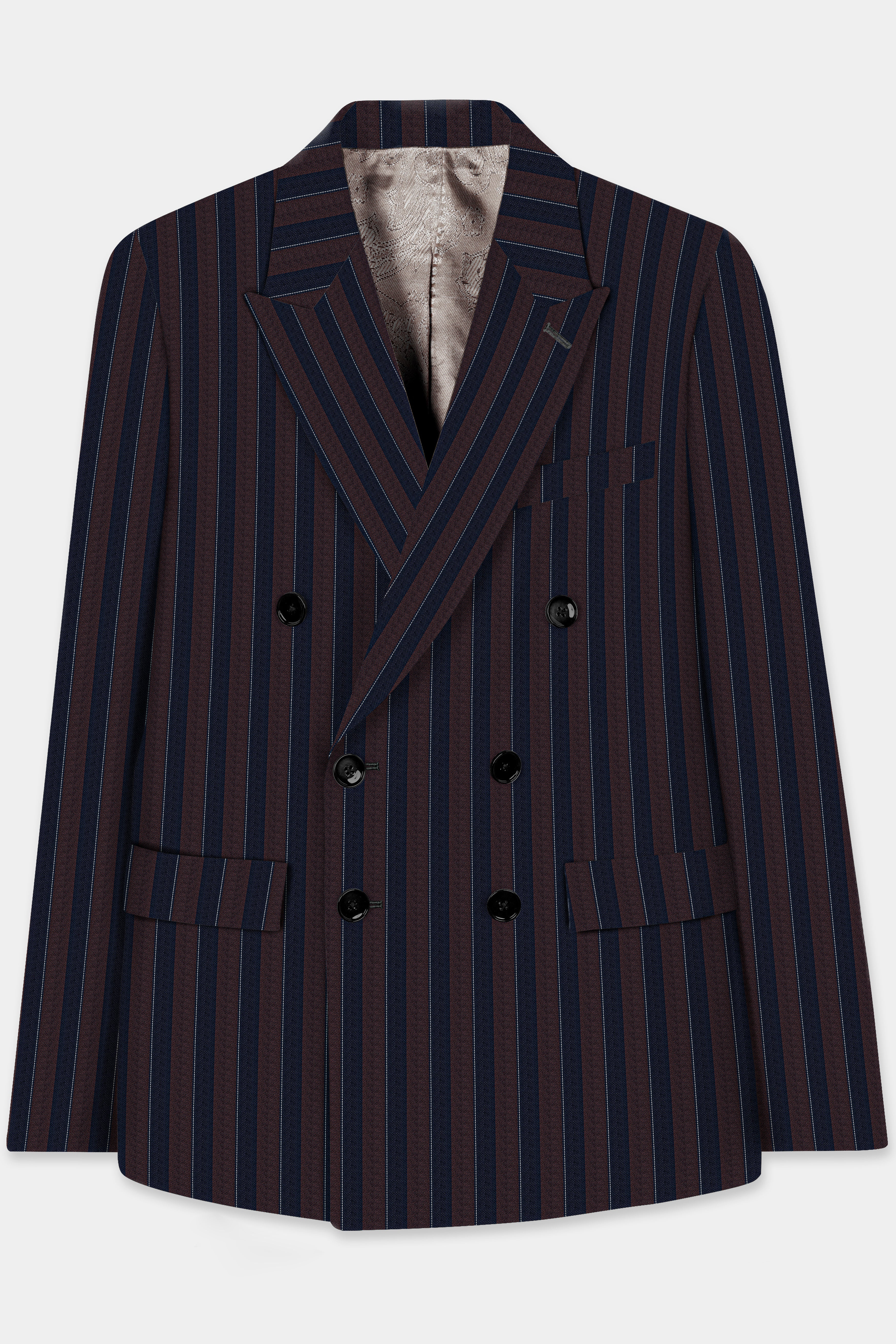 Bistre Brown and Admiral Blue Stripes Premium Wool Blend Double