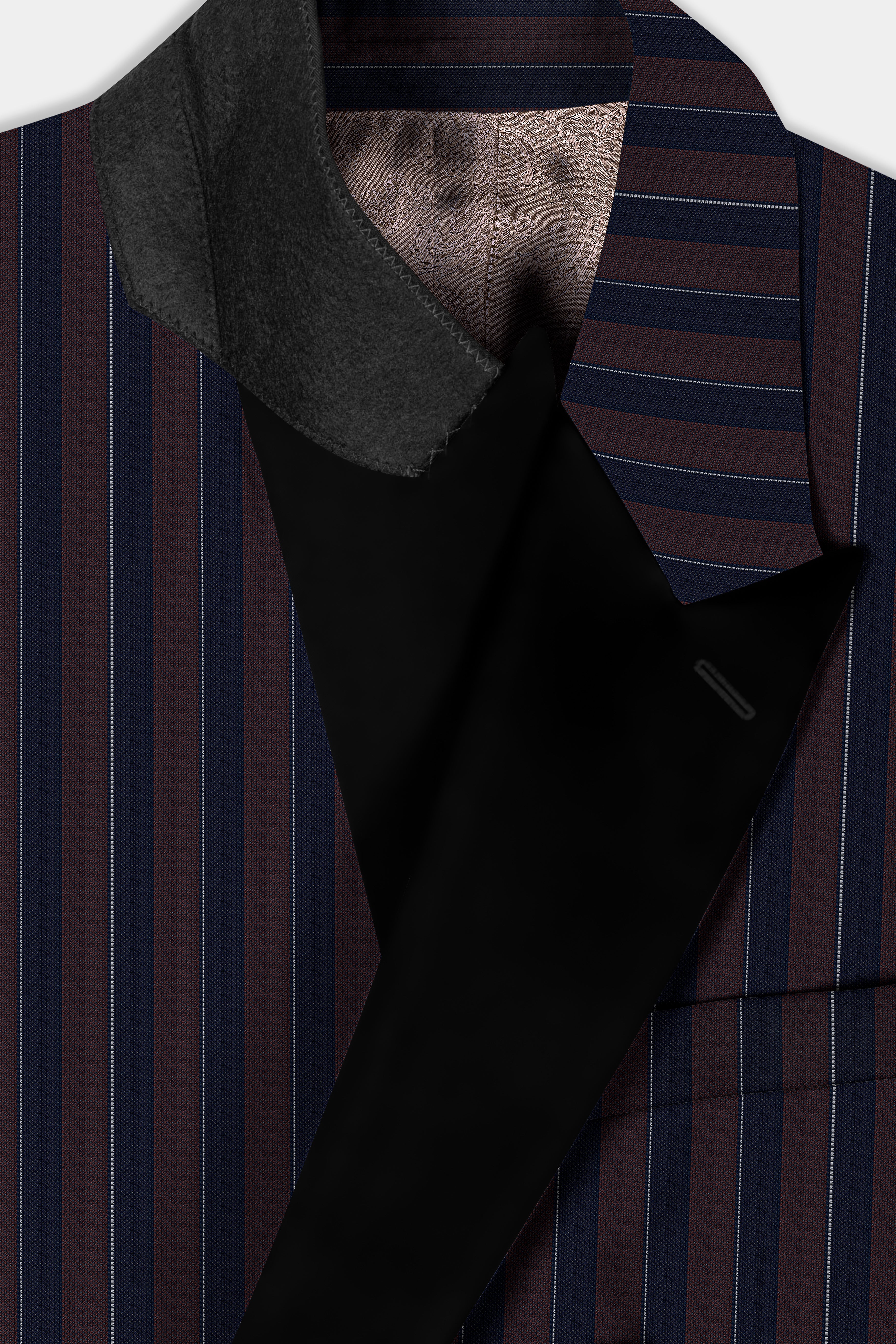 Bistre Brown and Admiral Blue Striped Wool Rich Peak Lapel Tuxedo Blazer