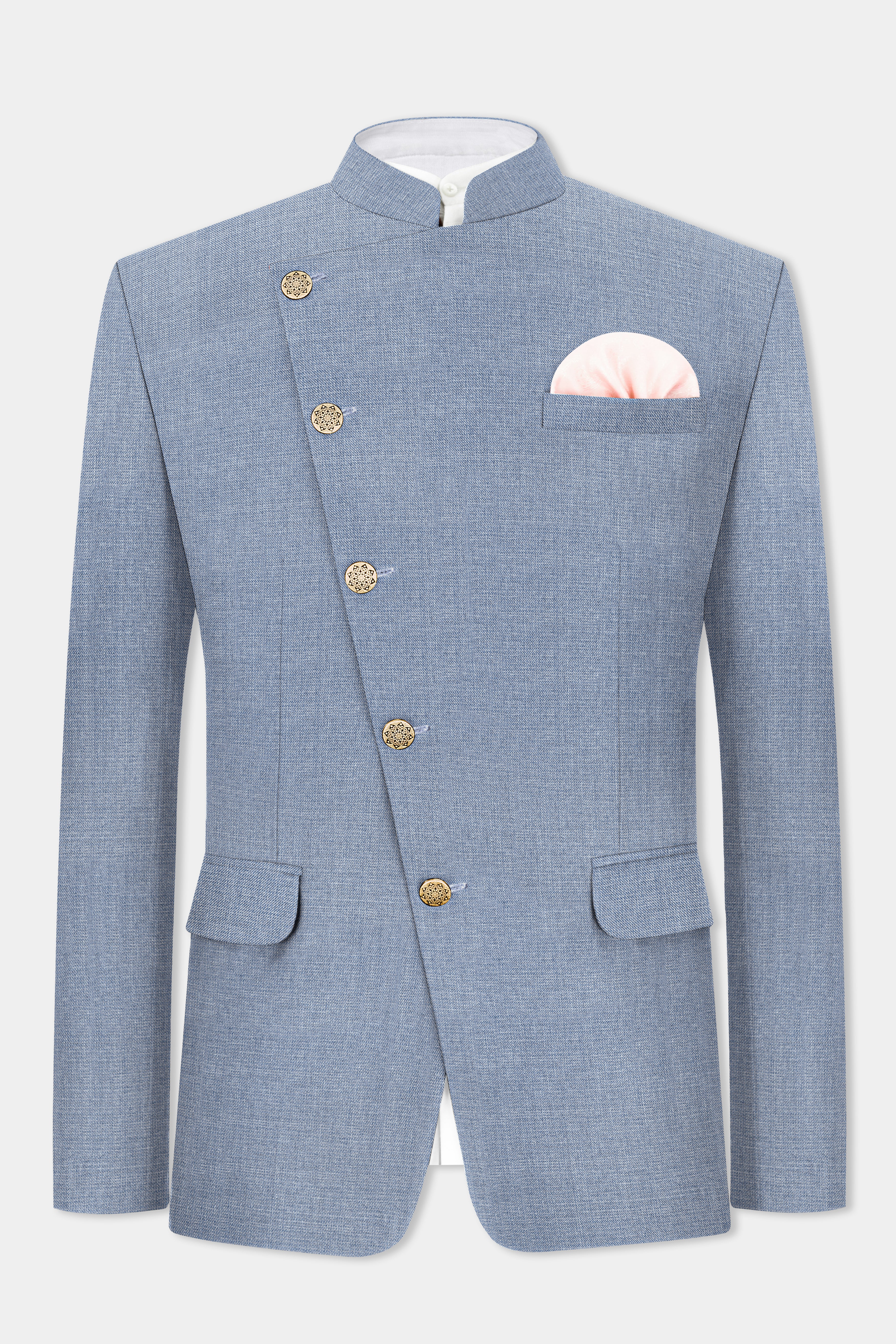 Bluish Windowpane Wool Rich Cross Placket Bandhgala Blazer