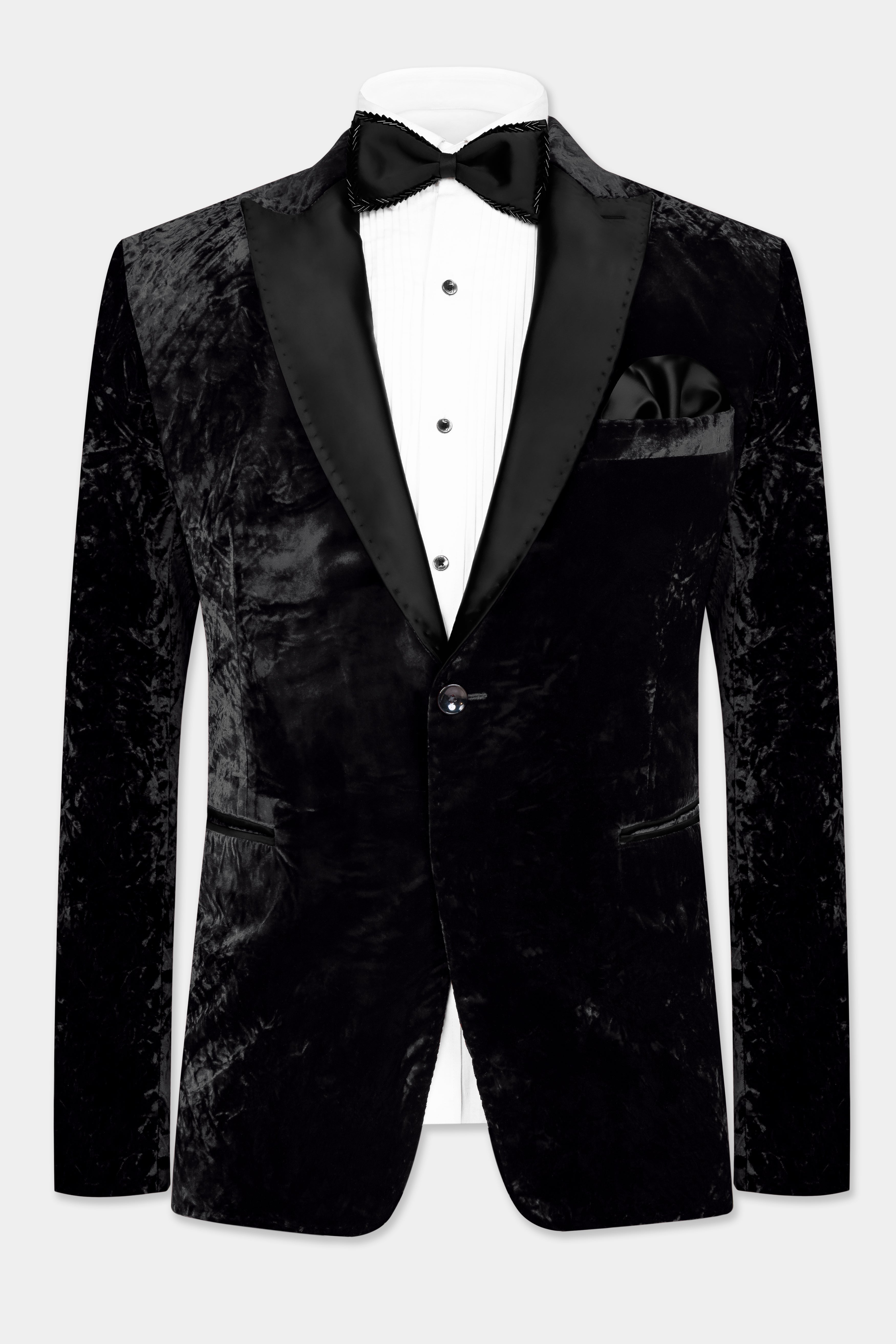 Jade Black Crushed Velvet Peak Lapel Tuxedo Blazer