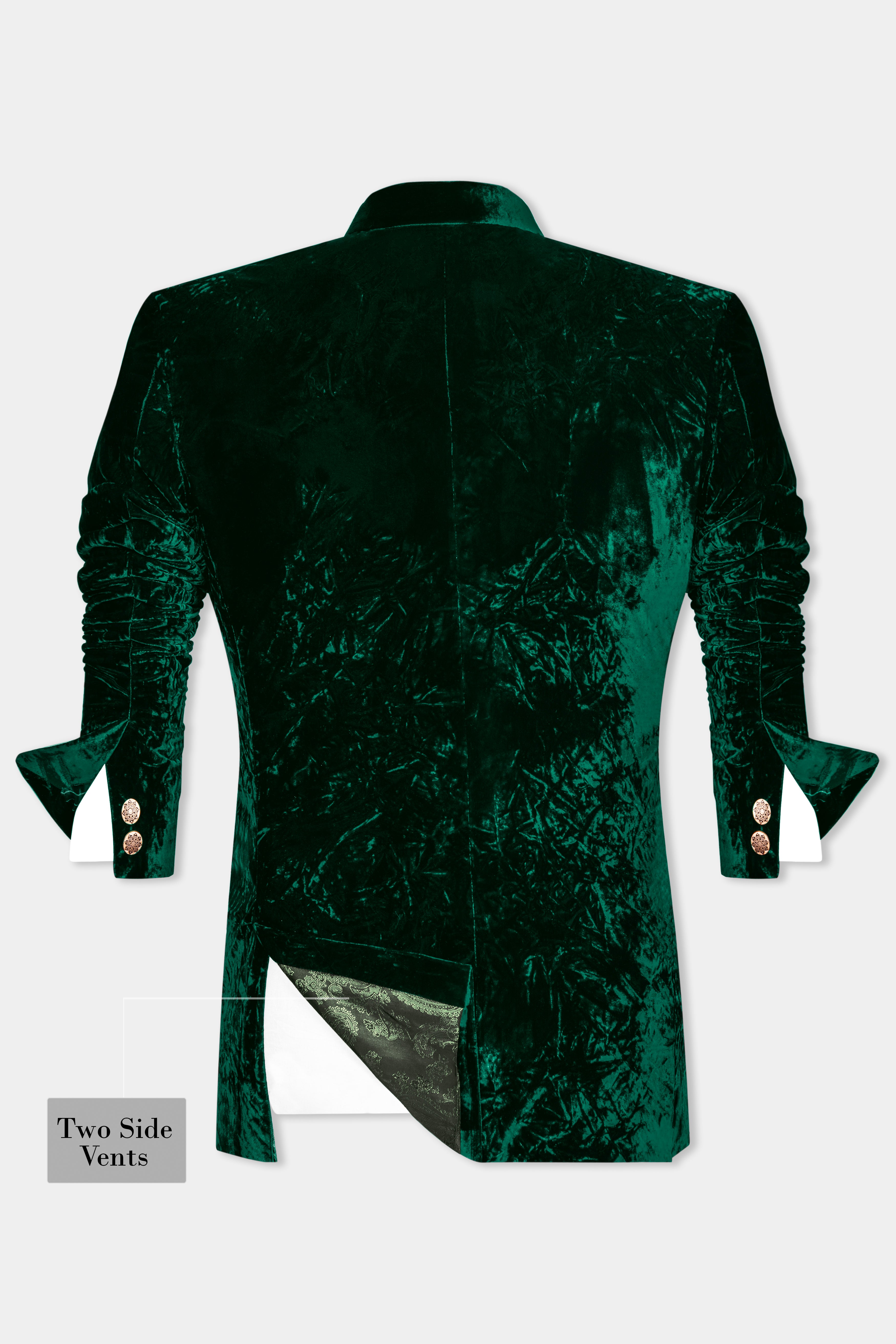 Sacramento Green Crushed Velvet Cross Placket Bandhgala Blazer