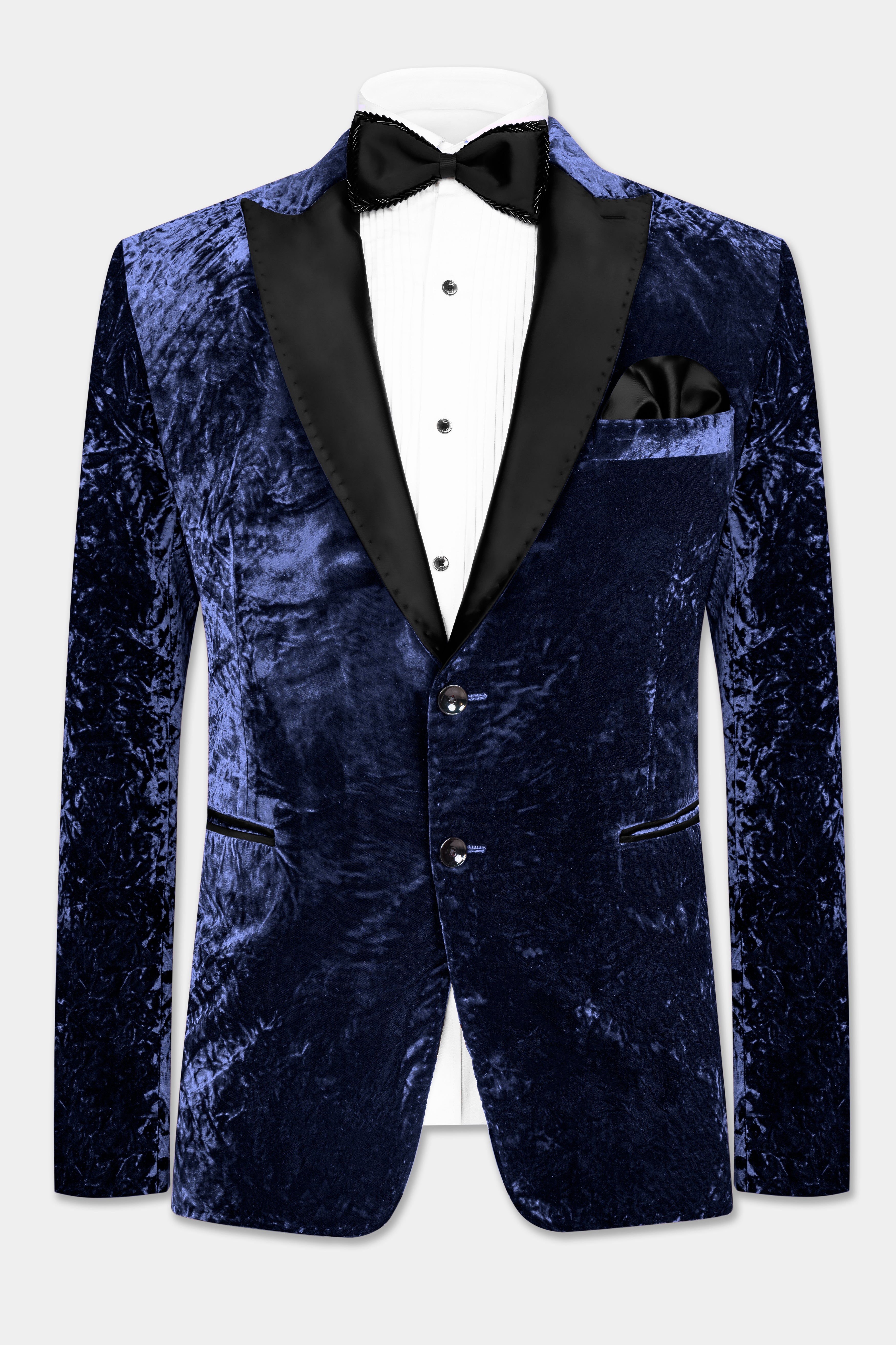 Ebony Blue Crushed Velvet Peak Collar Tuxedo Blazer
