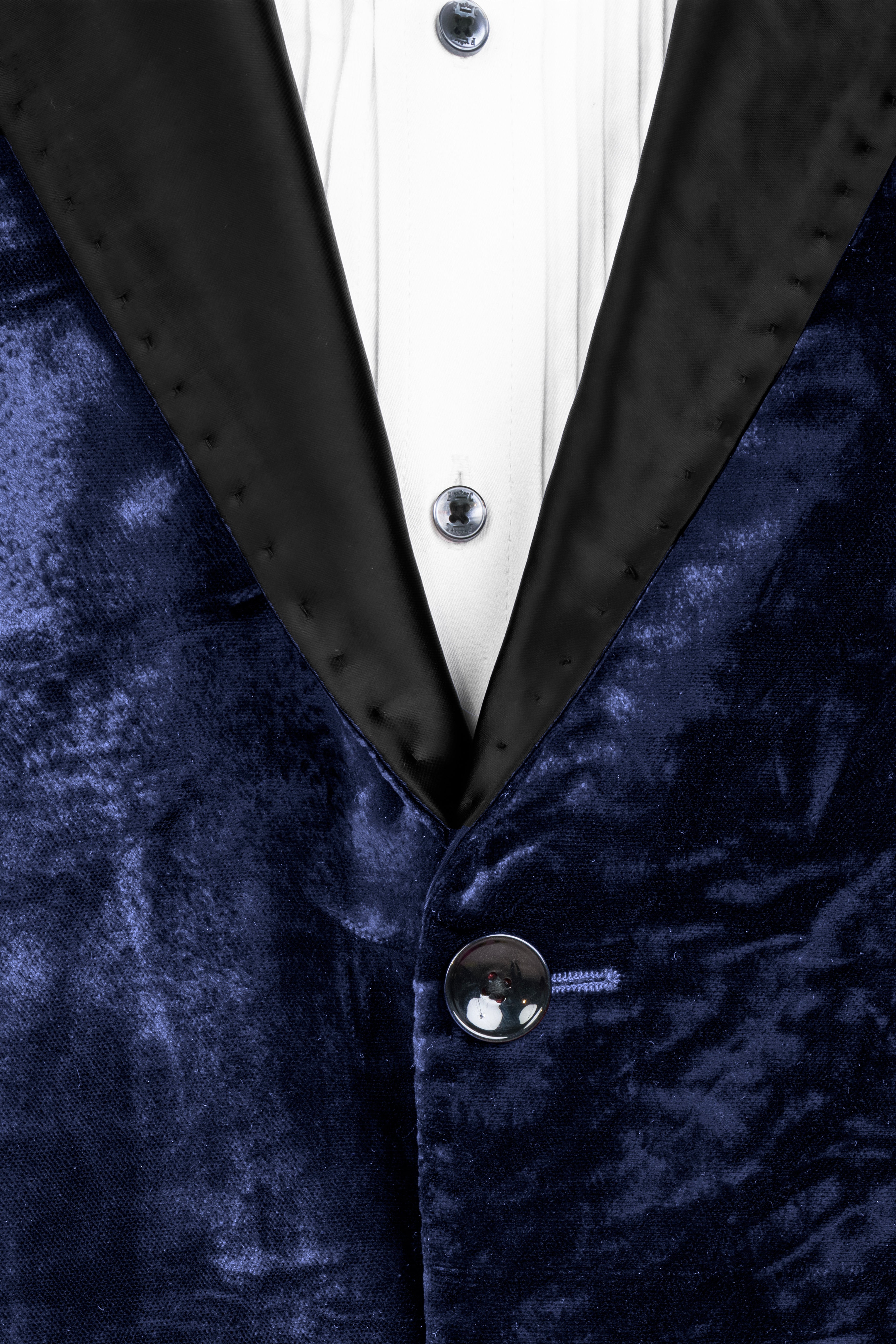 Ebony Blue Crushed Velvet Peak Collar Tuxedo Blazer