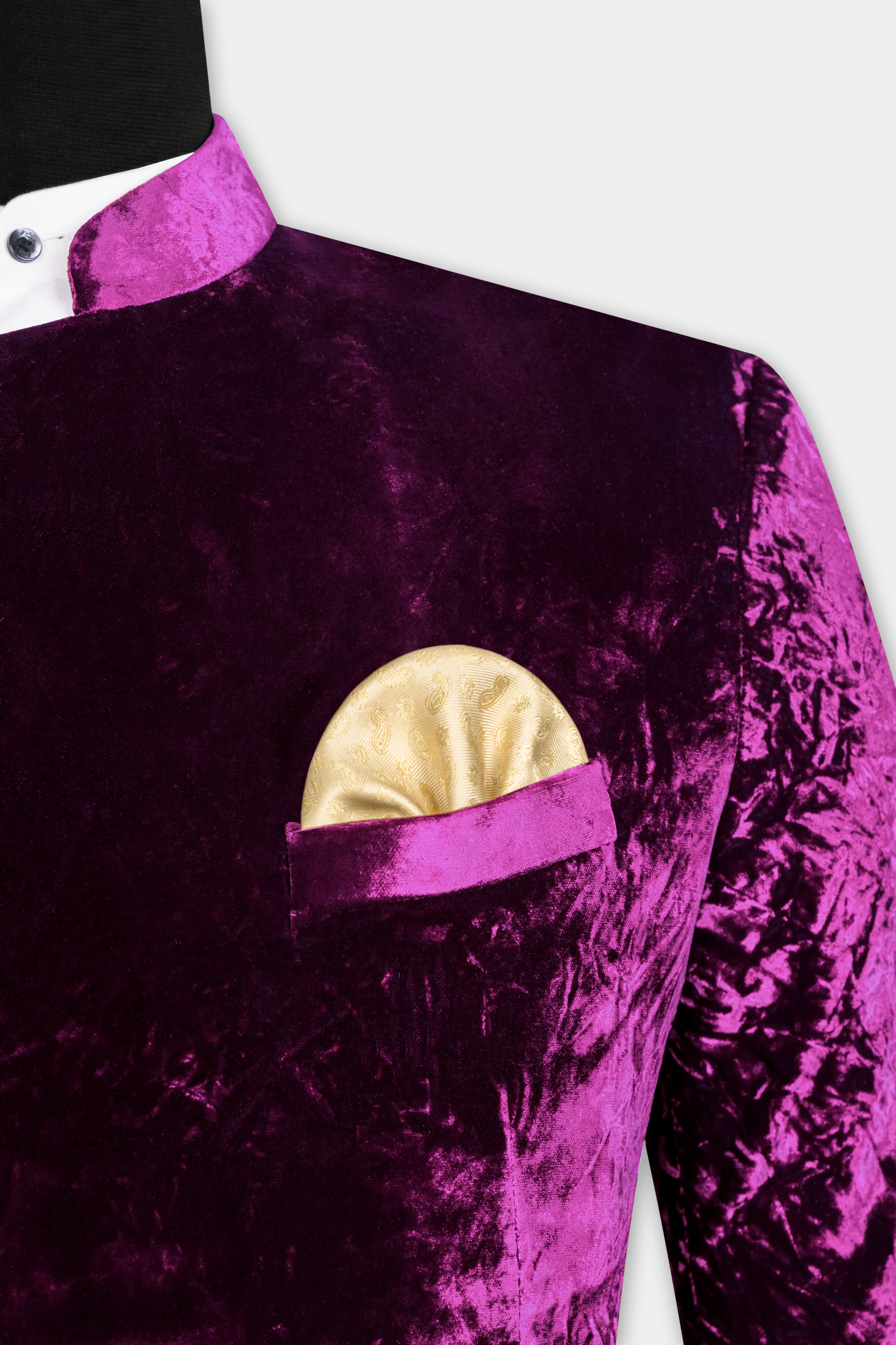 Melanzane Purple Crushed Velvet Cross Placket Bandhgala Blazer