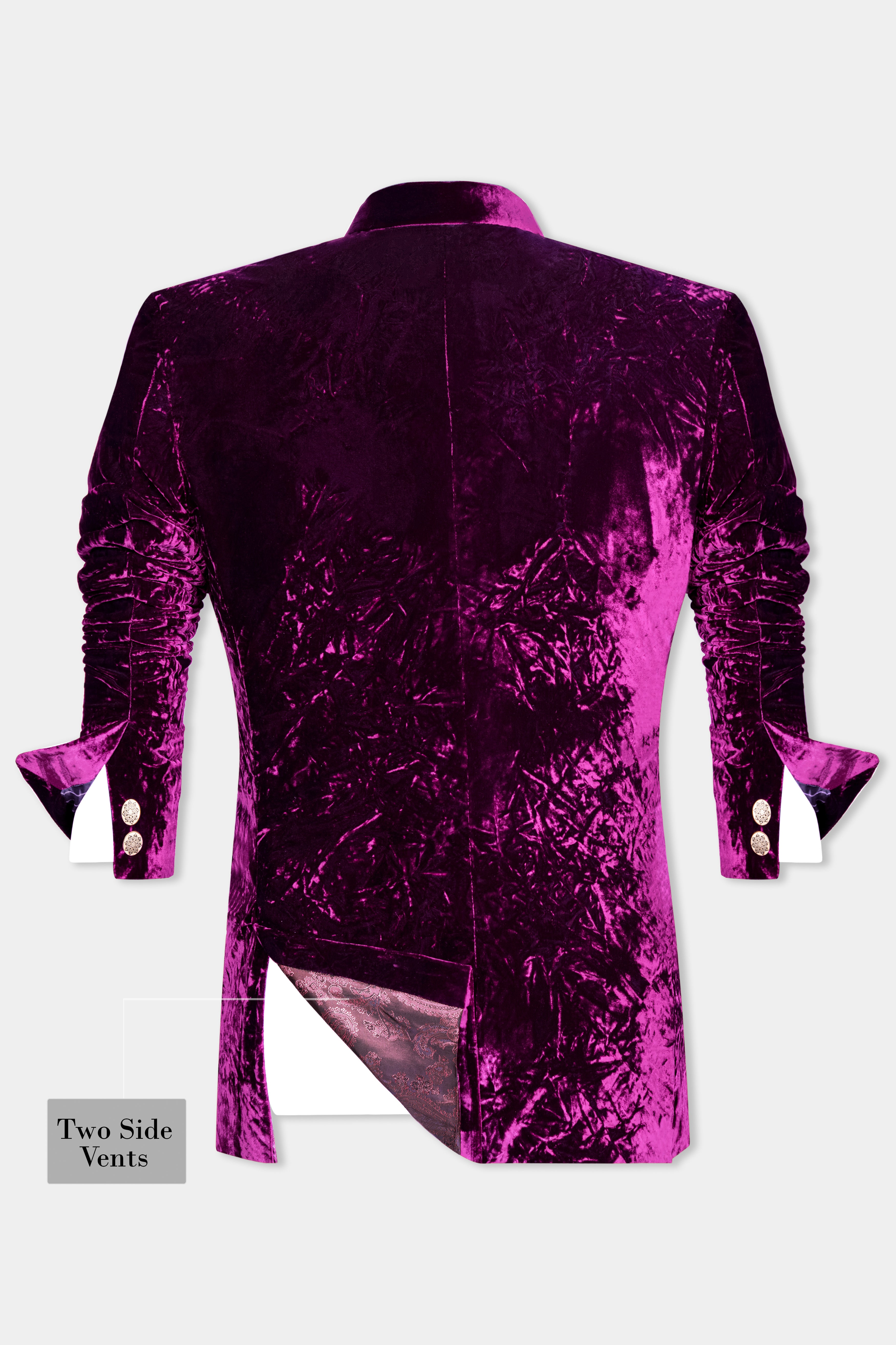 Melanzane Purple Crushed Velvet Cross Placket Bandhgala Blazer