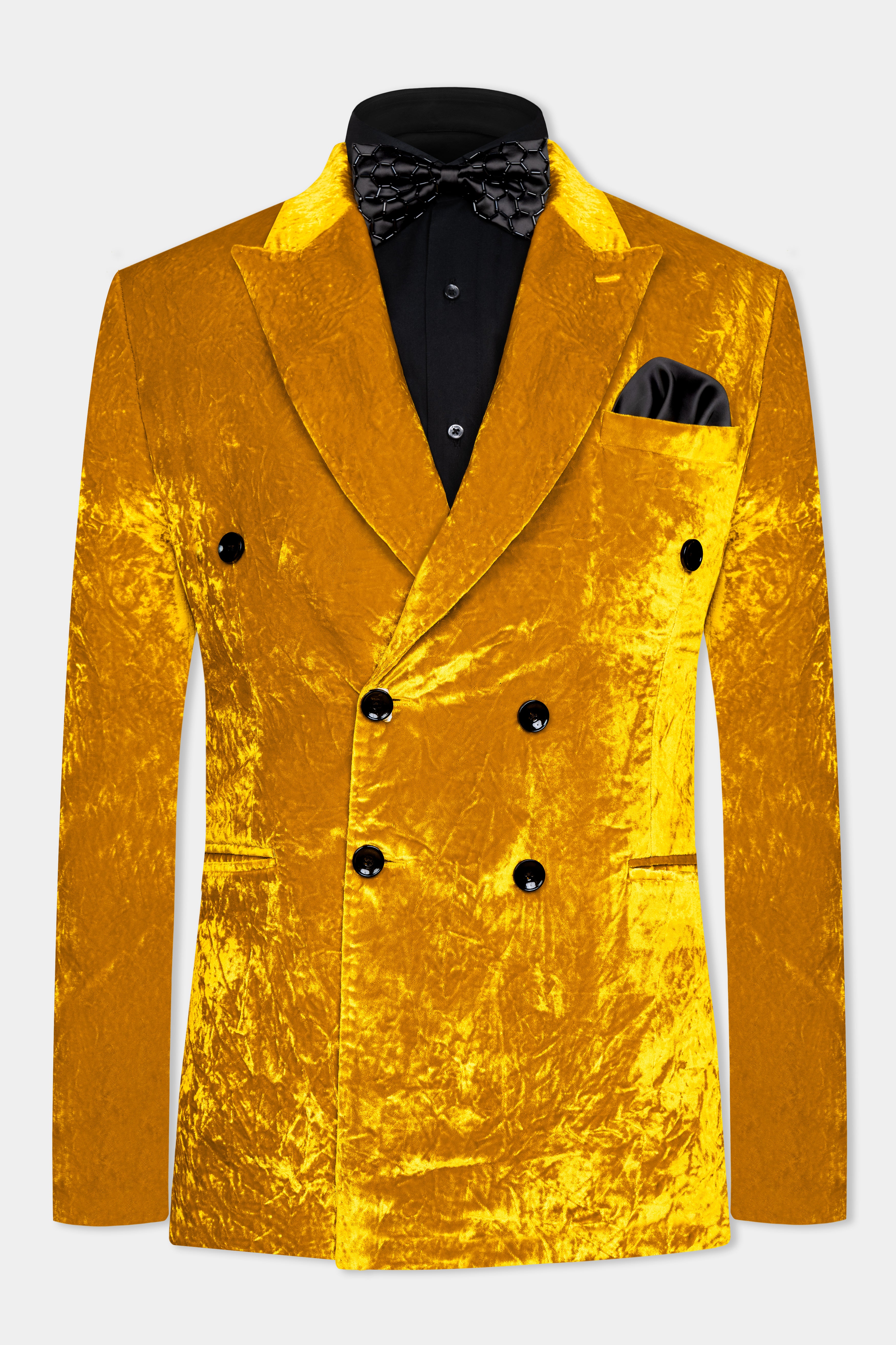 Gamboge Yellow Double Breasted Crushed Velvet Blazer