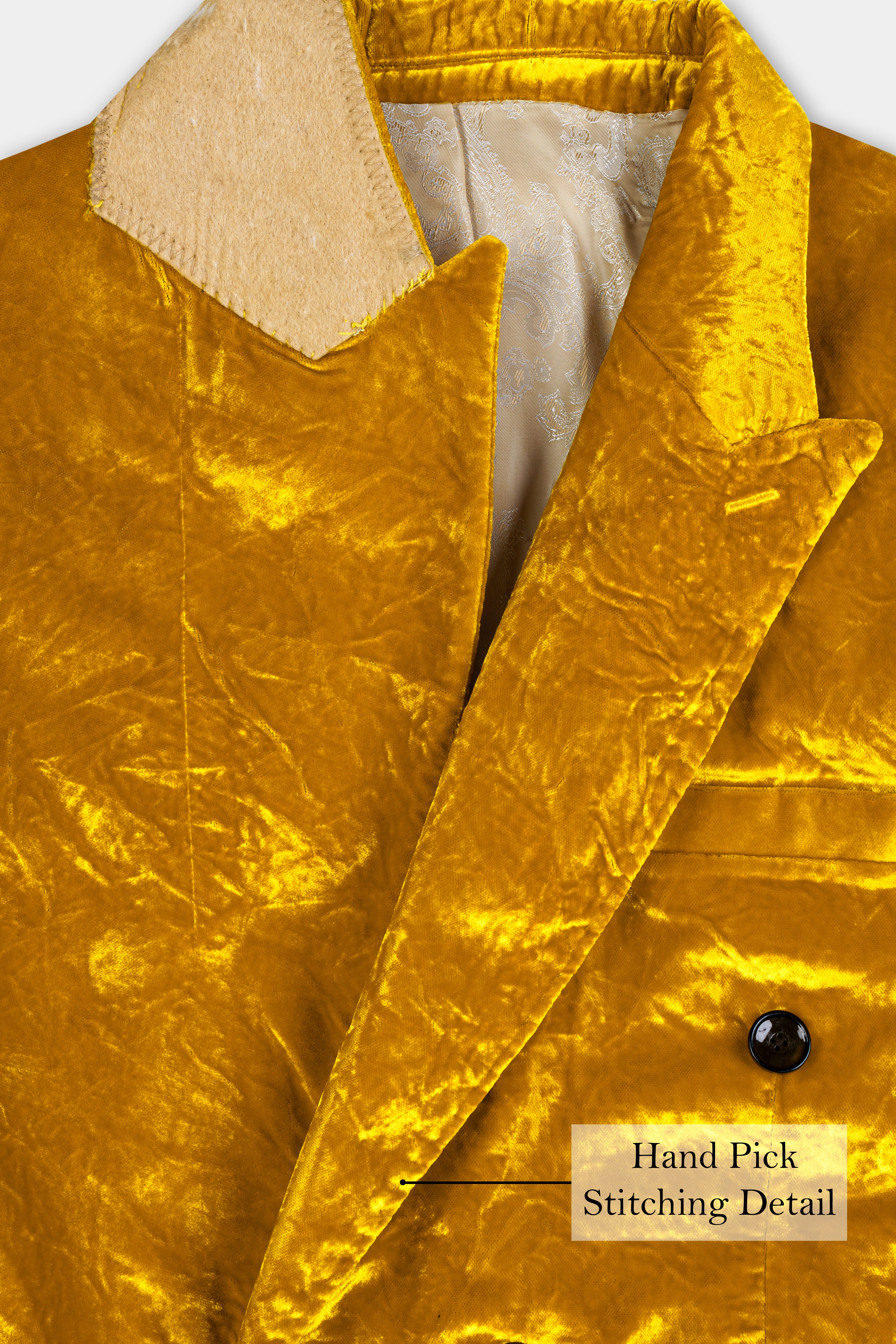 Gamboge Yellow Double Breasted Crushed Velvet Blazer