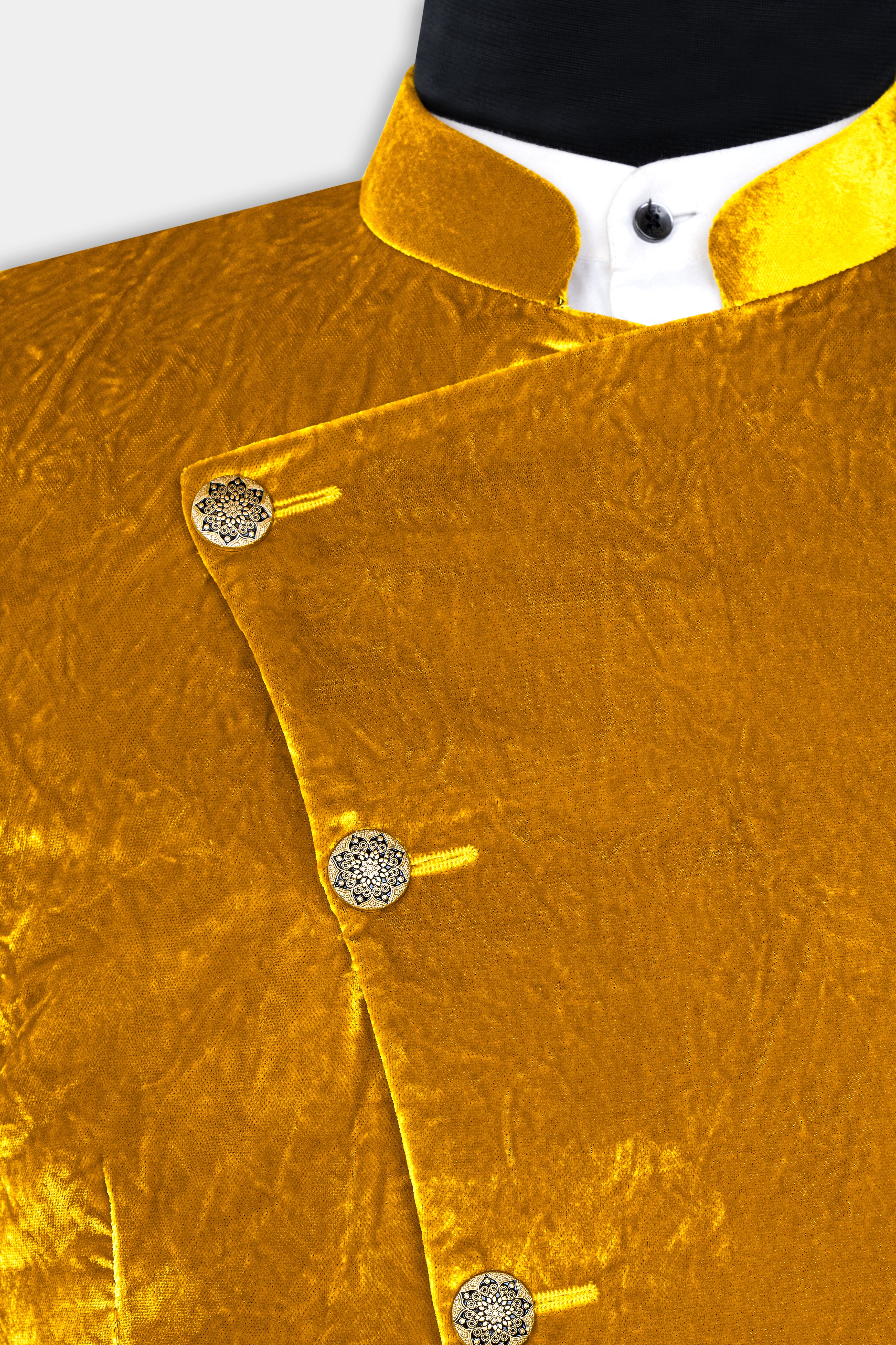 Gamboge Yellow Crushed Velvet Cross Placket Bandhgala Blazer