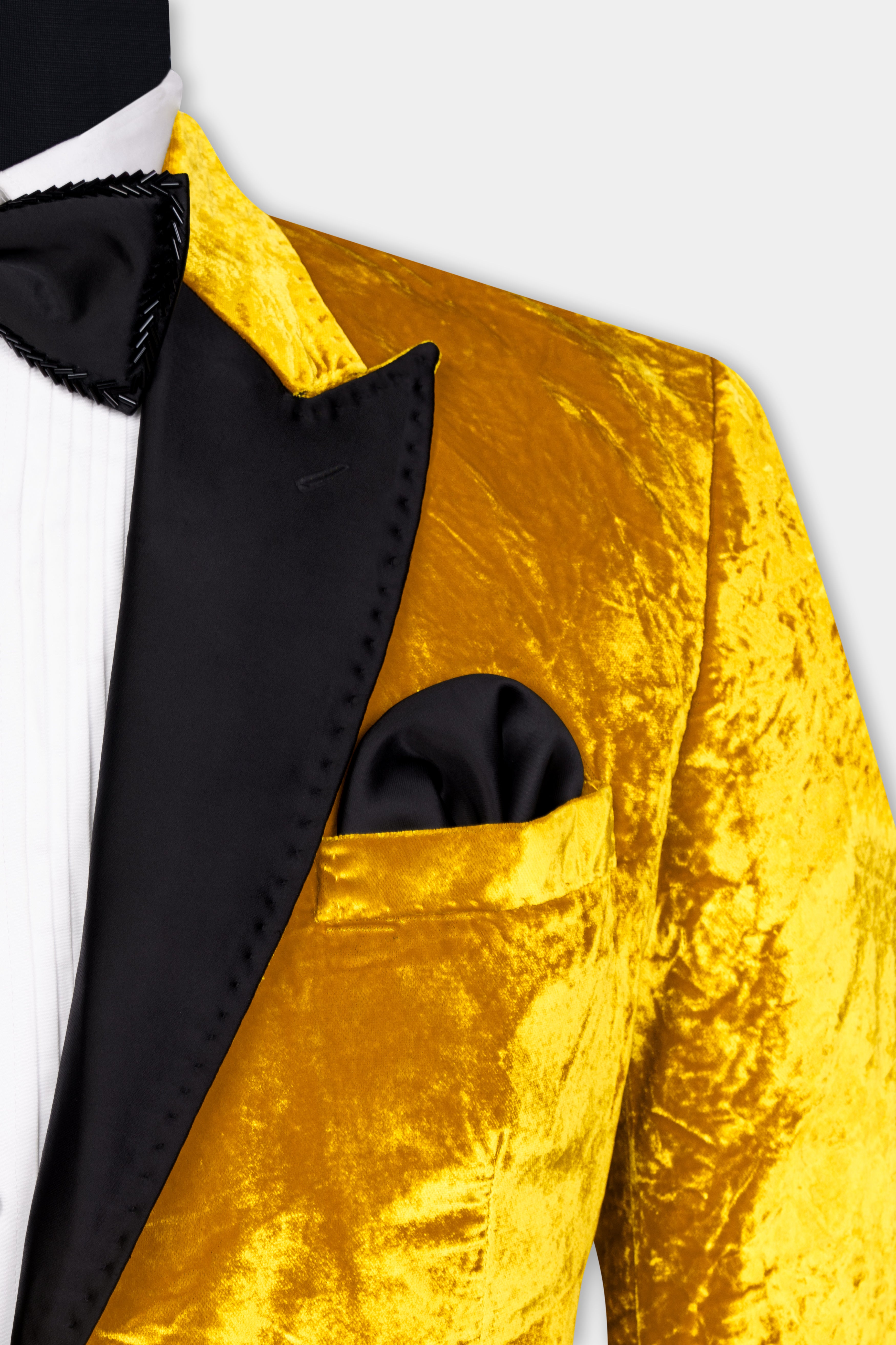 Gamboge Yellow Crushed Velvet Peak Collar Tuxedo Blazer