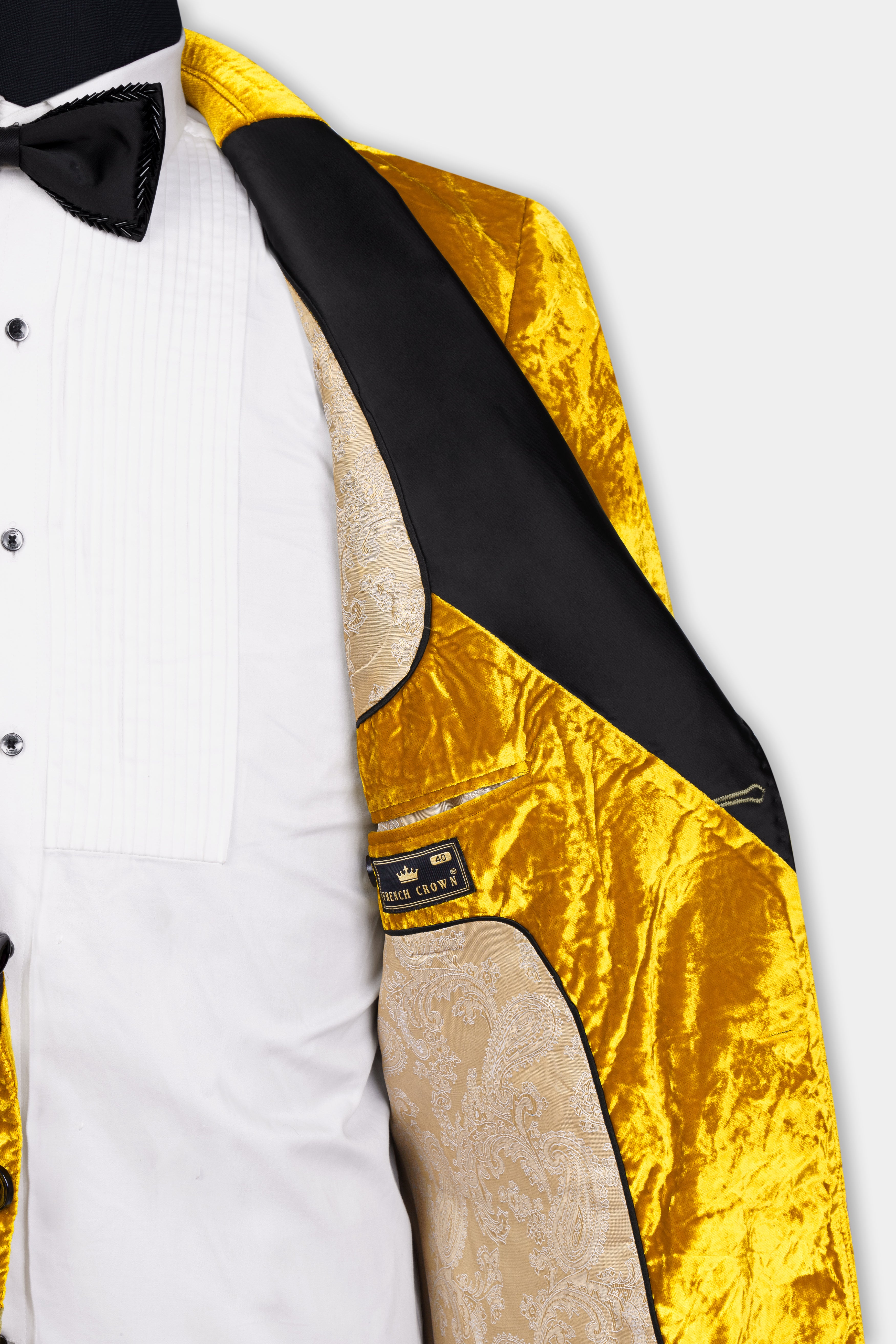 Gamboge Yellow Crushed Velvet Peak Collar Tuxedo Blazer