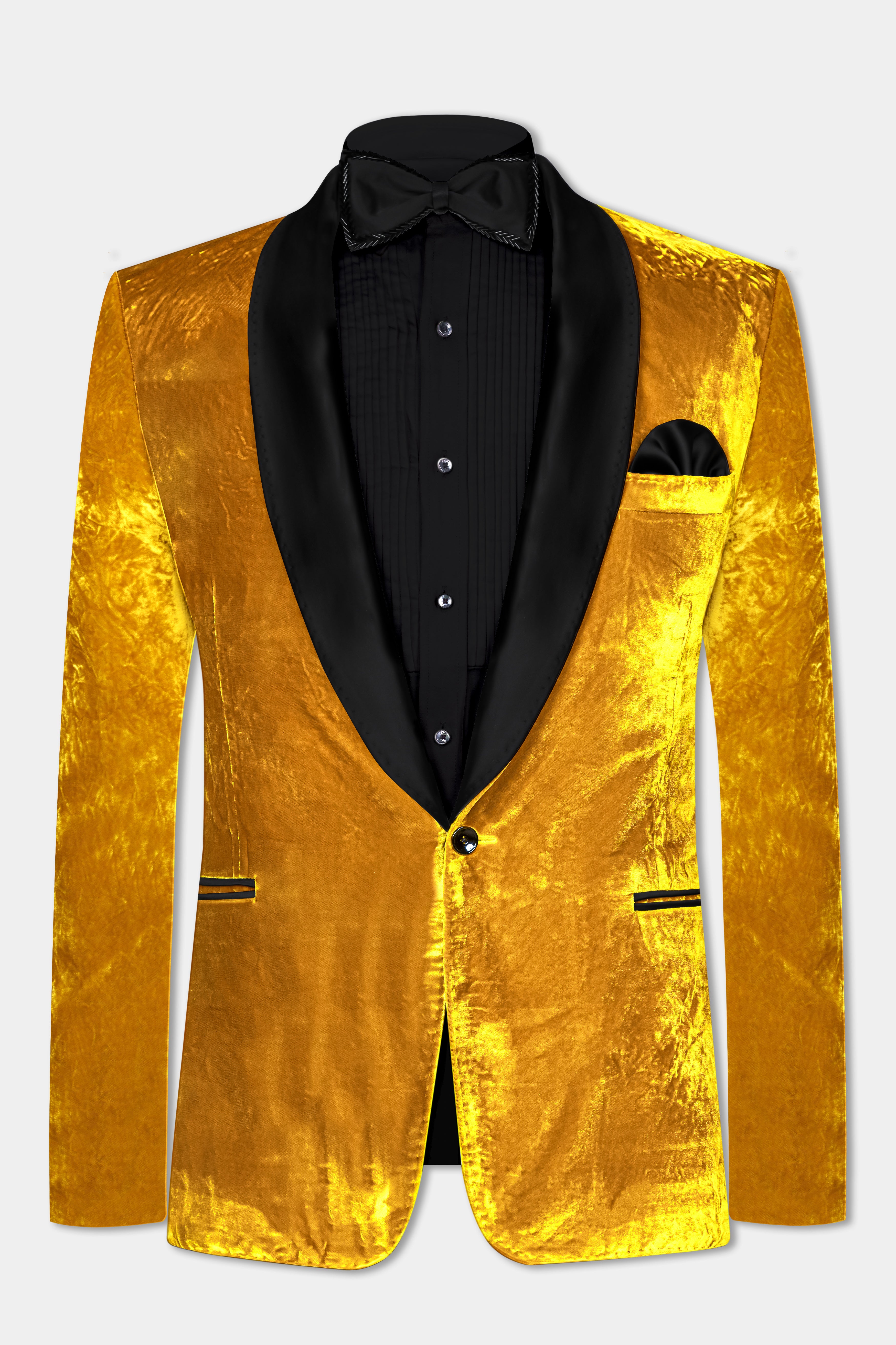 Gamboge Yellow Crushed Velvet Tuxedo Blazer