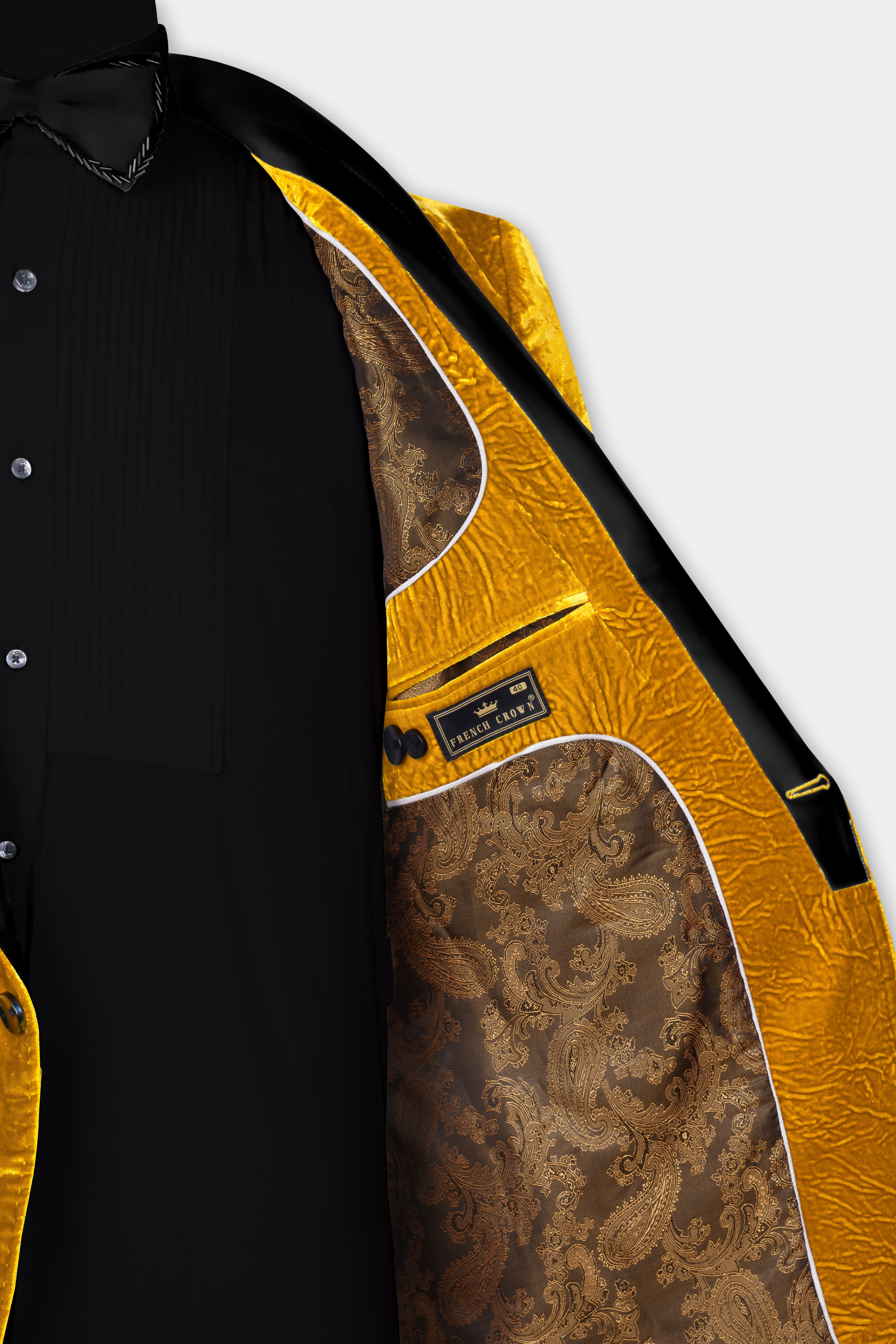 Gamboge Yellow Crushed Velvet Tuxedo Blazer