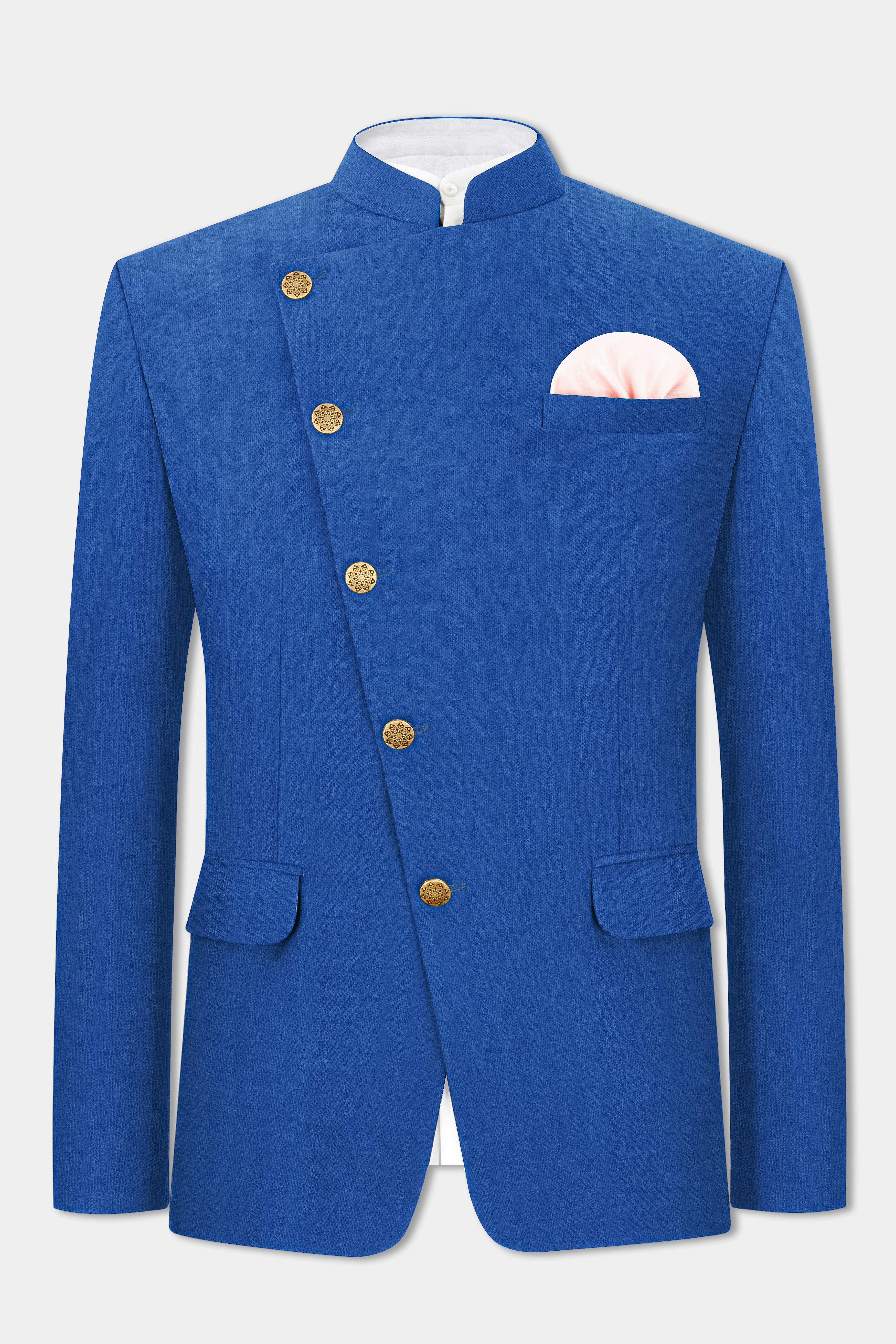 Cobalt Blue Cross Placket Bandhgala Corduroy Premium Cotton Designer Blazer