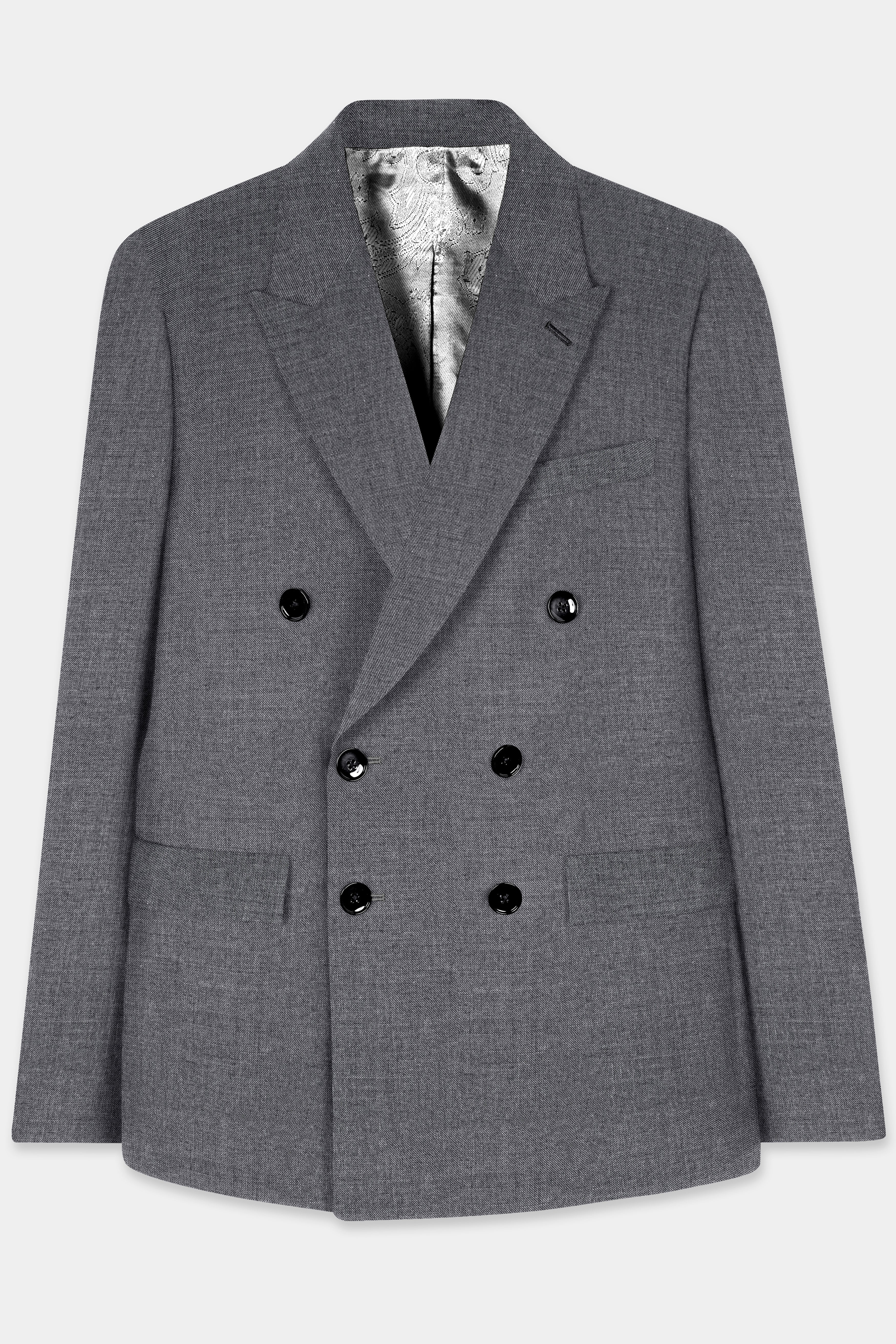 Vampire Gray Textured Wool Rich Double Breasted Blazer