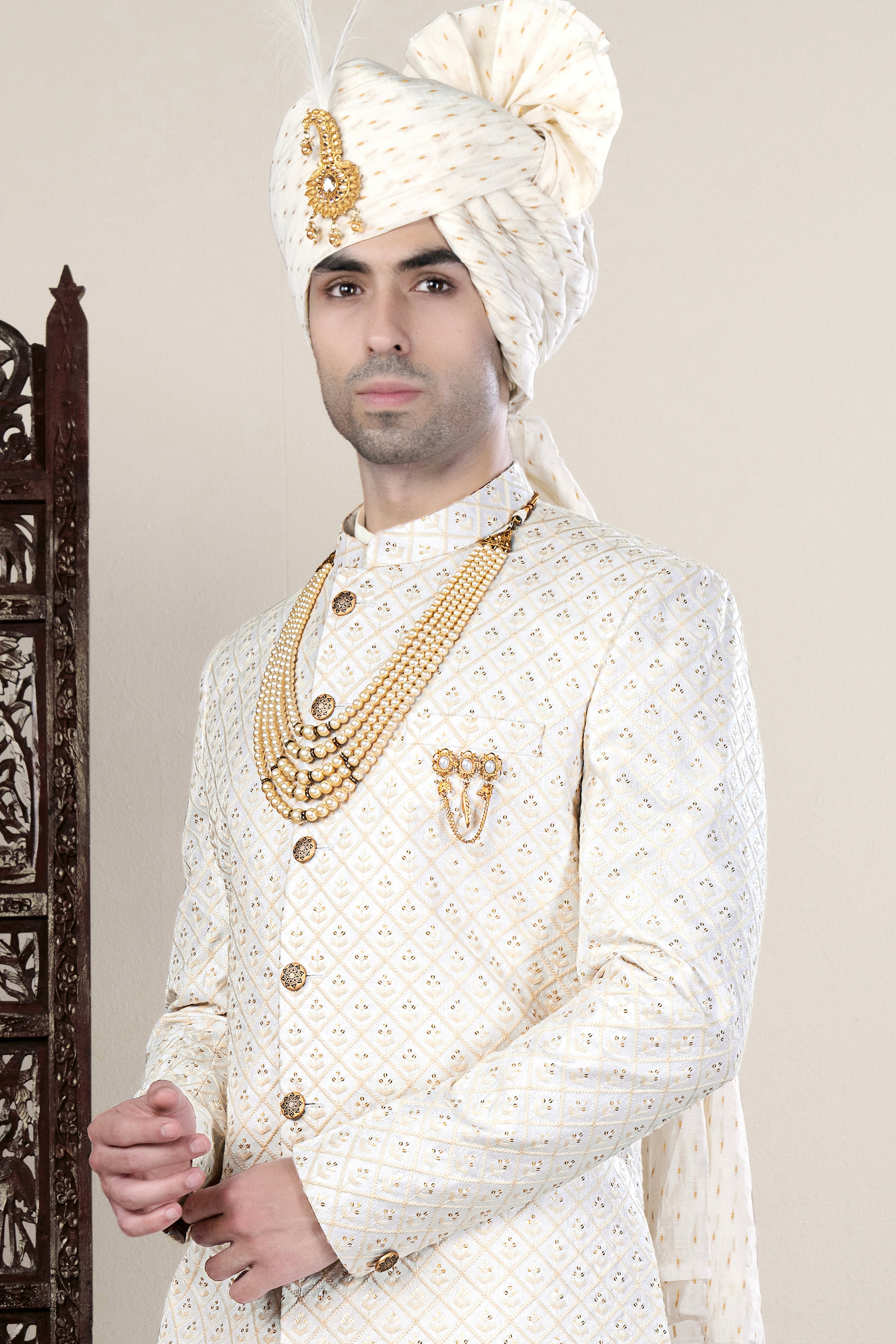 Bright White and Bone Beige Geometric Thread and Sequin Embroidered Cross Placket Bandhgala Jodhpuri