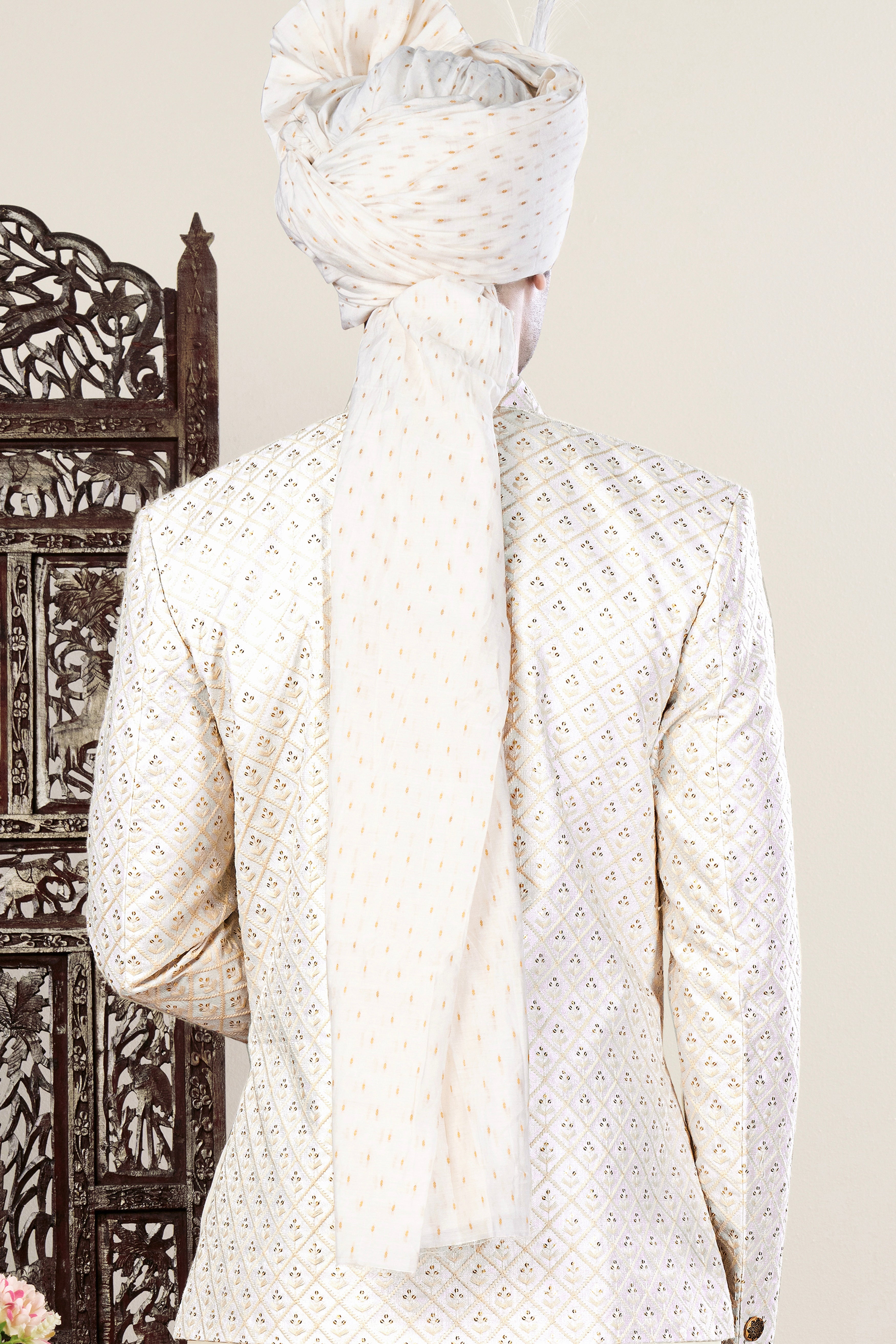 Bright White and Bone Beige Geometric Thread and Sequin Embroidered Cross Placket Bandhgala Jodhpuri