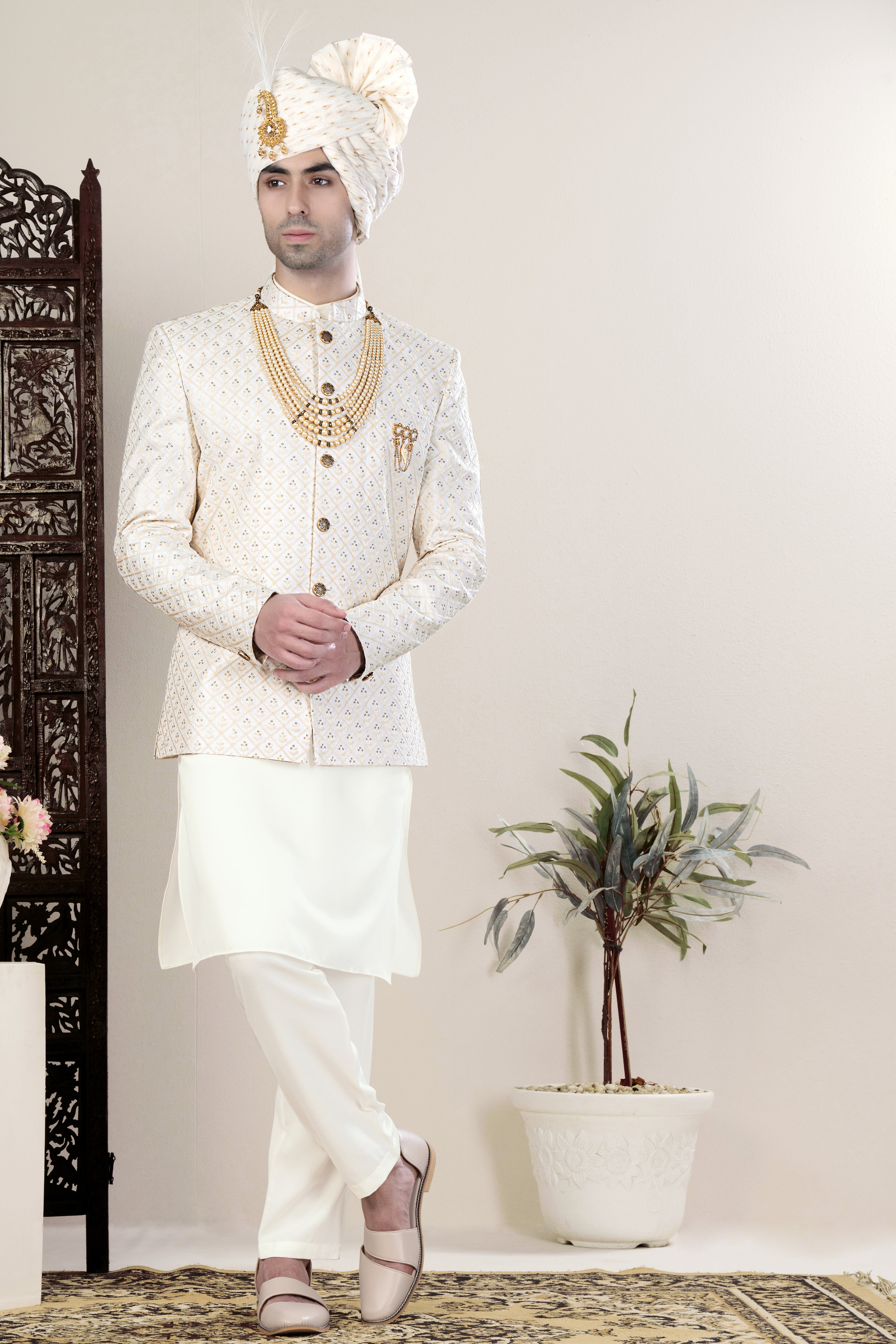 Bright White and Bone Beige Geometric Thread and Sequin Embroidered Cross Placket Bandhgala Jodhpuri