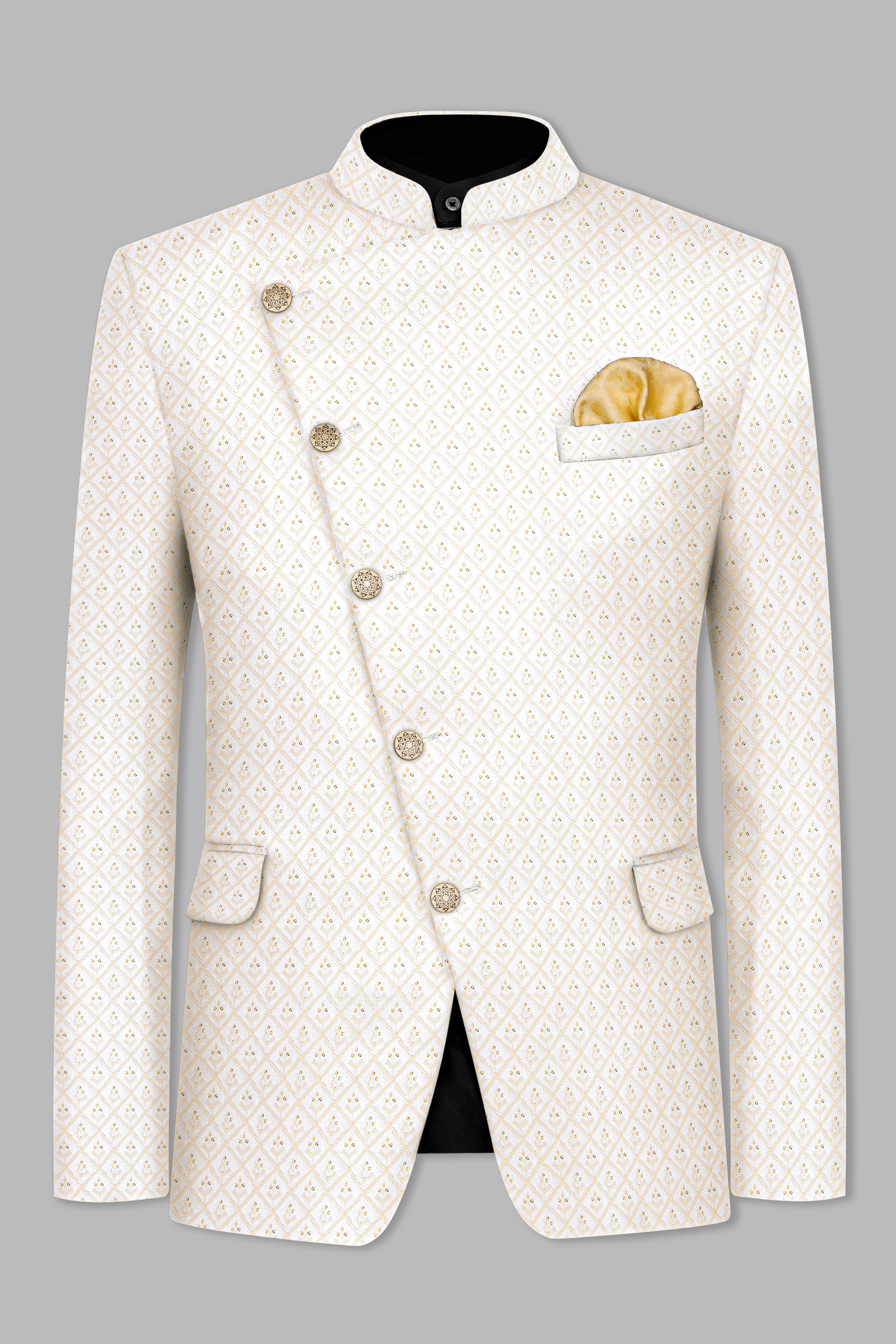 Bright White and Bone Beige Geometric Thread and Sequin Embroidered Cross Placket Bandhgala Jodhpuri