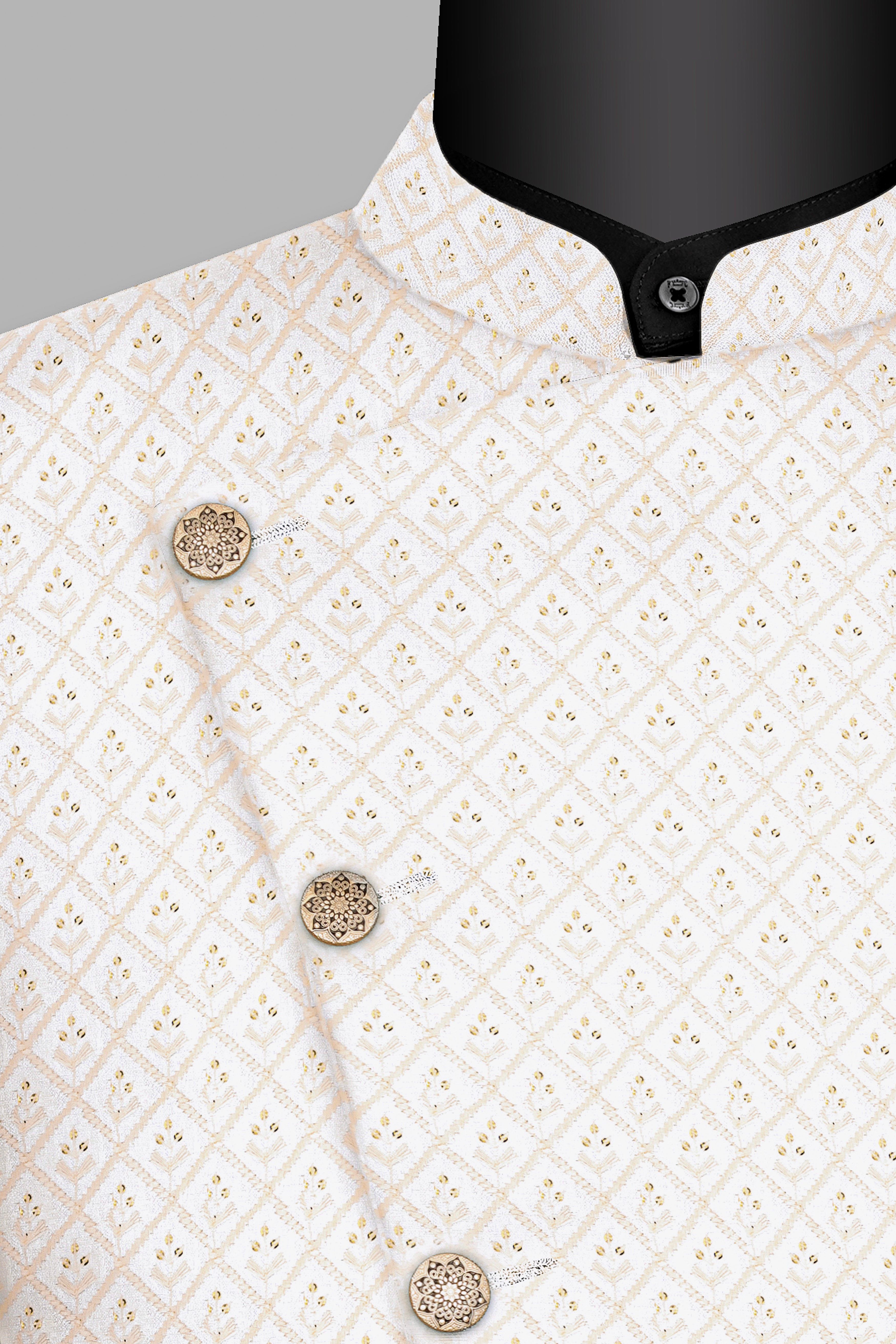 Bright White and Bone Beige Geometric Thread and Sequin Embroidered Cross Placket Bandhgala Jodhpuri