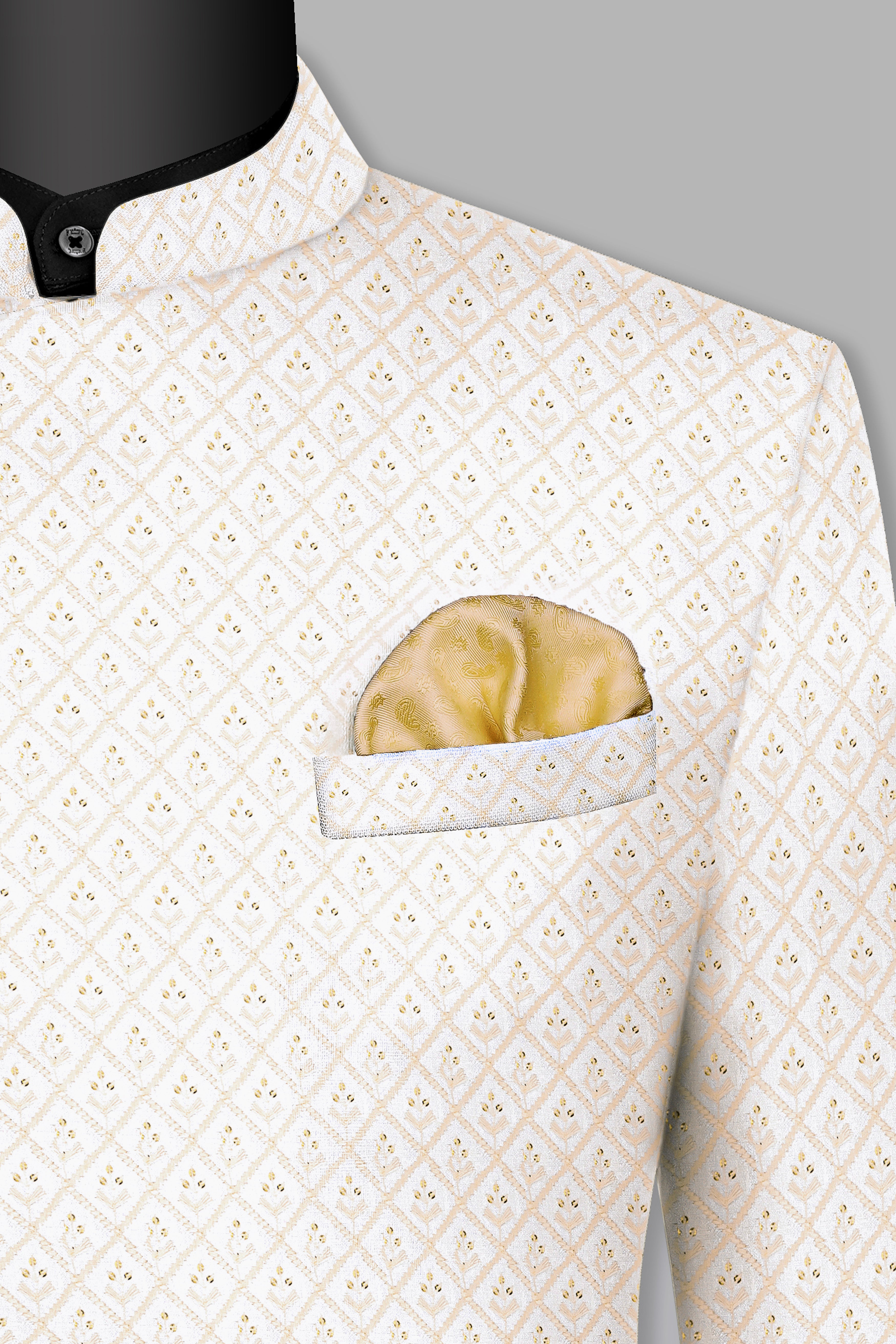 Bright White and Bone Beige Geometric Thread and Sequin Embroidered Cross Placket Bandhgala Jodhpuri