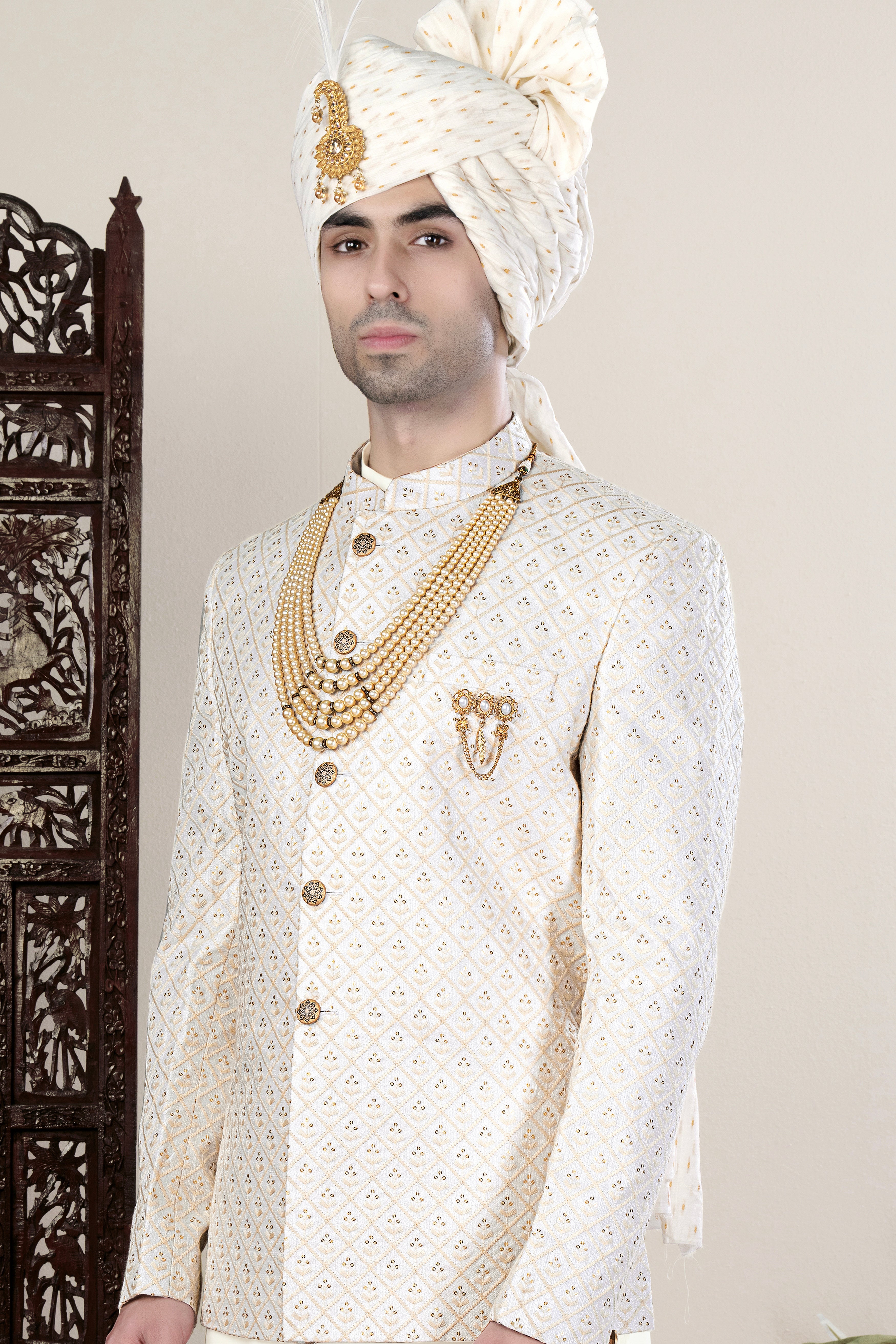 Bright White and Bone Beige Geometric Thread and Sequin Embroidered Cross Placket Bandhgala Jodhpuri