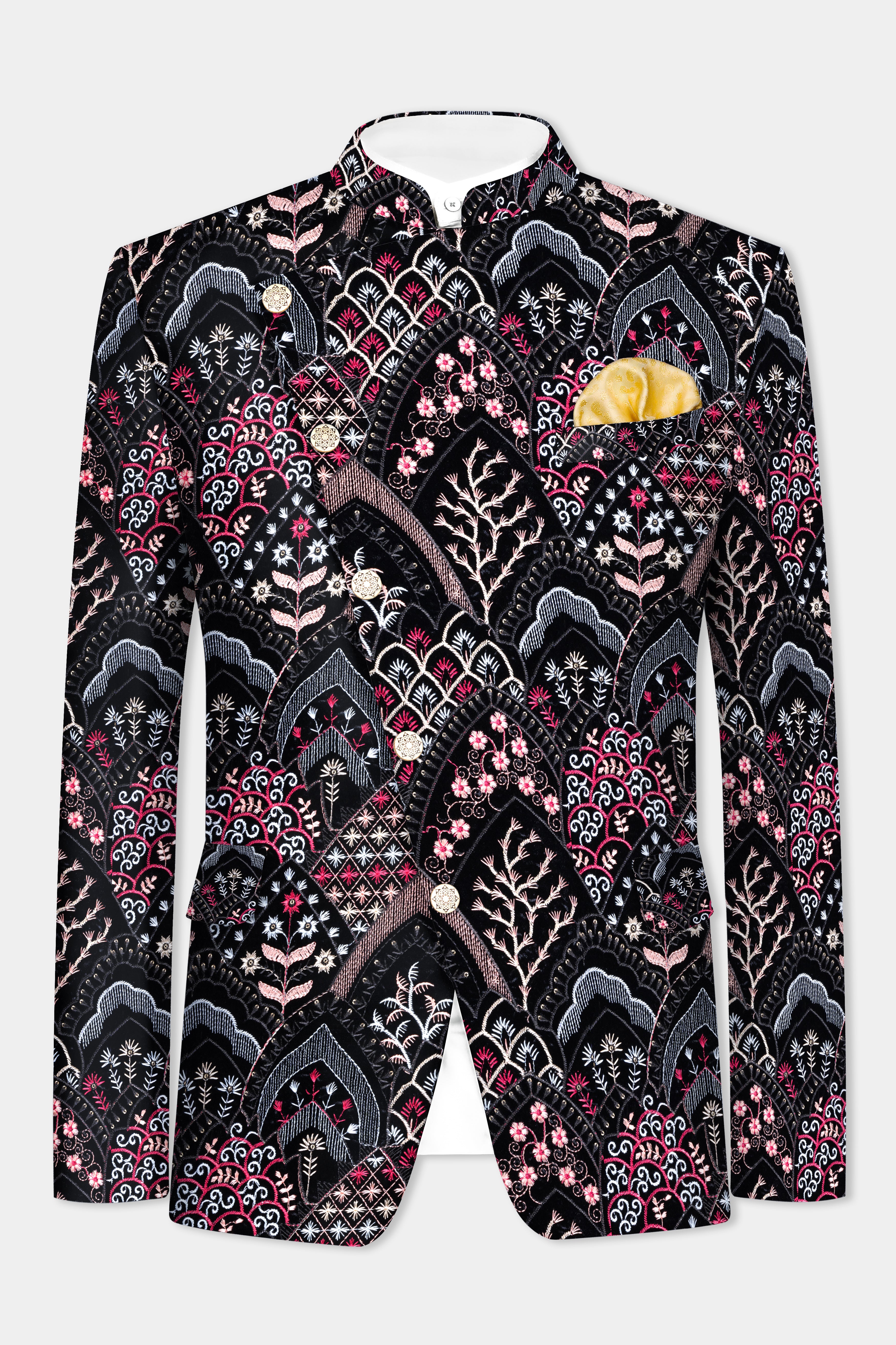 Jade Black with Tyrian Pink and Opium Brown Multicolour Floral Embroidered Cross Buttoned Bandhgala Jodhpuri BL3488-CBG-36, BL3488-CBG-38, BL3488-CBG-40, BL3488-CBG-42, BL3488-CBG-44, BL3488-CBG-46, BL3488-CBG-48, BL3488-CBG-50, BL3488-CBG-52, BL3488-CBG-54, BL3488-CBG-56, BL3488-CBG-58, BL3488-CBG-60