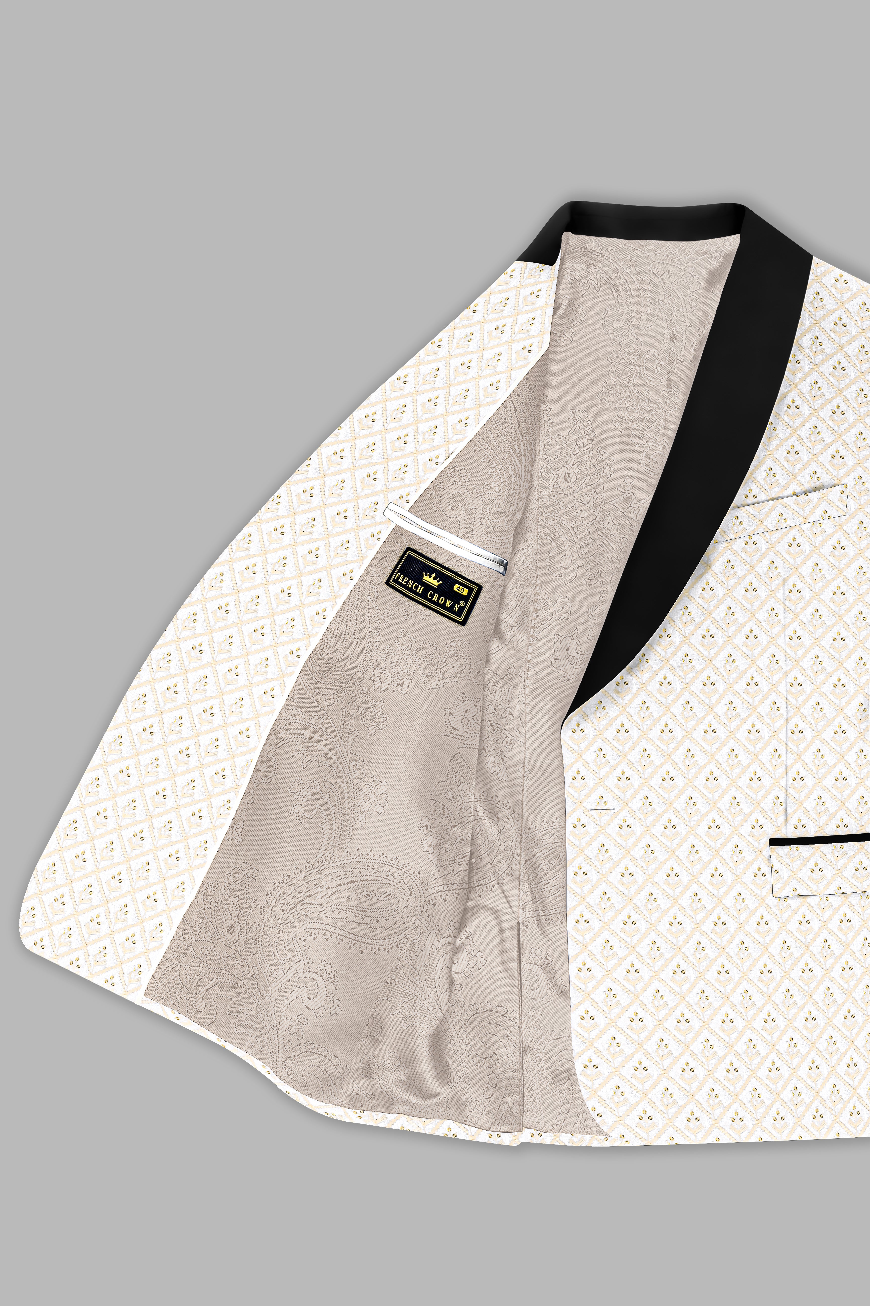 Bright White and Bone Beige Geometric Thread and Sequin Embroidered Tuxedo Blazer BL3684-BKL-36, BL3684-BKL-38, BL3684-BKL-40, BL3684-BKL-42, BL3684-BKL-44, BL3684-BKL-46, BL3684-BKL-48, BL3684-BKL-50, BL3684-BKL-52, BL3684-BKL-54, BL3684-BKL-56, BL3684-BKL-58, BL3684-BKL-60