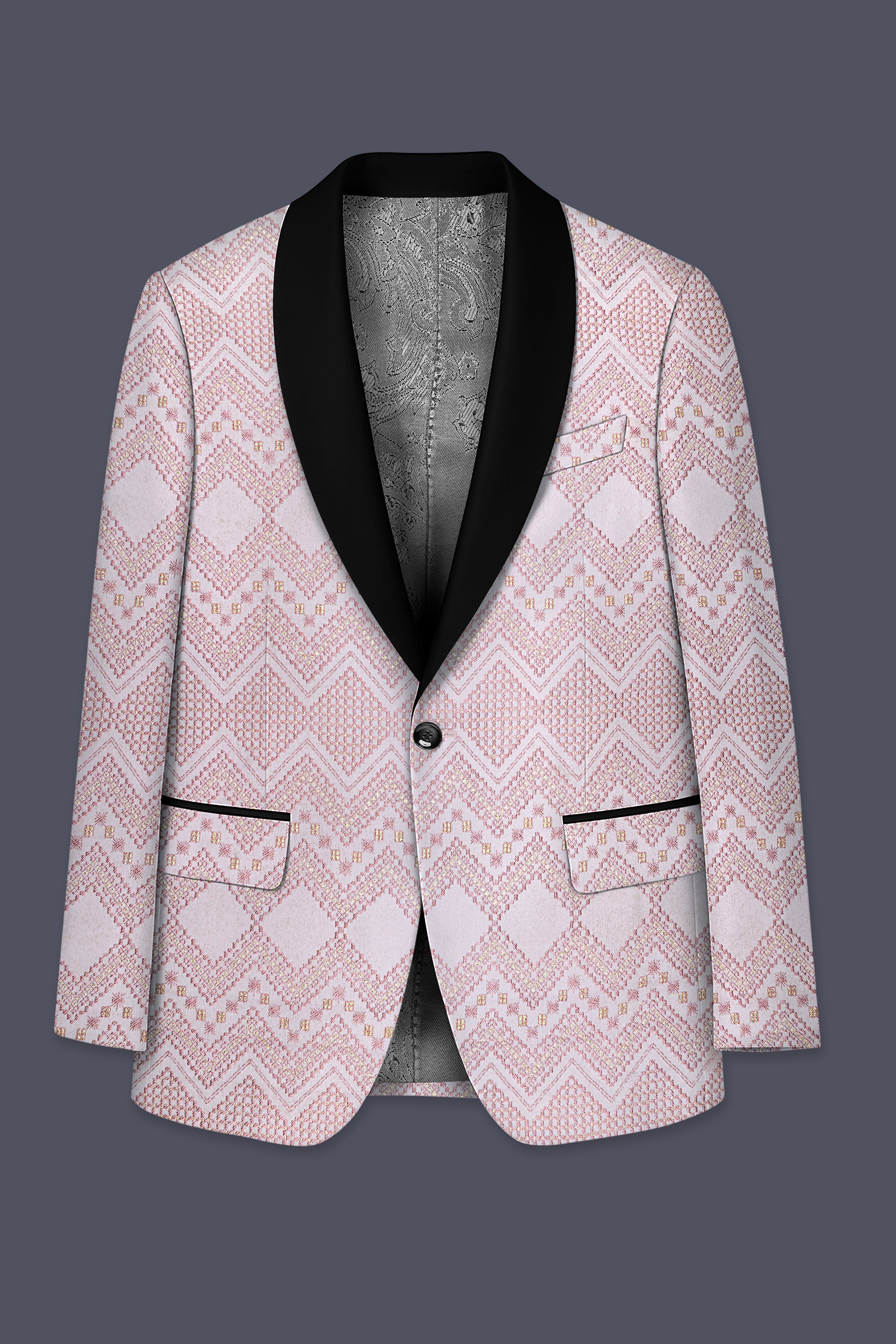 Blossom Pink Thread and Chevron Sequin Embroidered Tuxedo Blazer