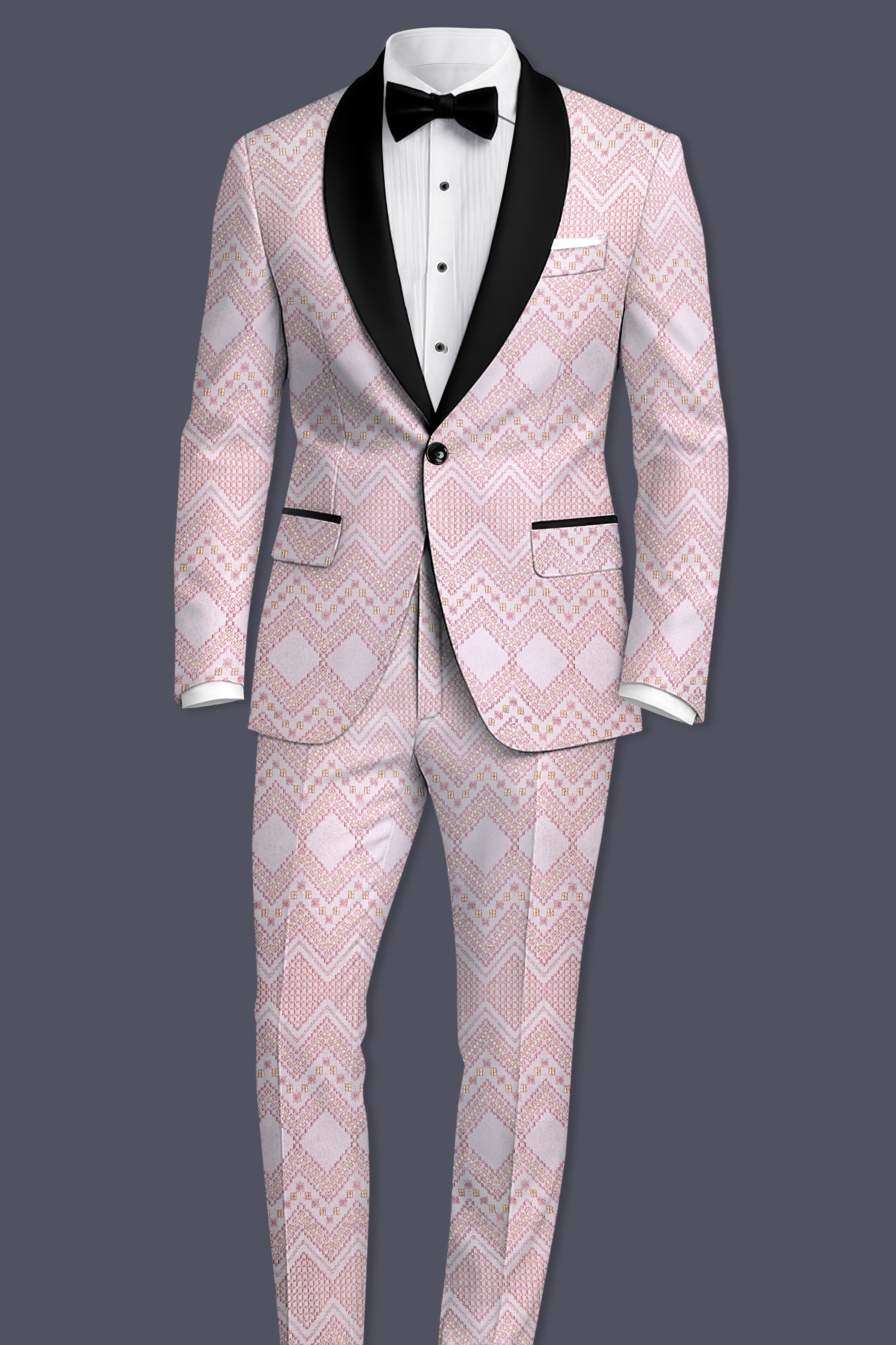 Blossom Pink Thread and Chevron Sequin Embroidered Tuxedo Blazer